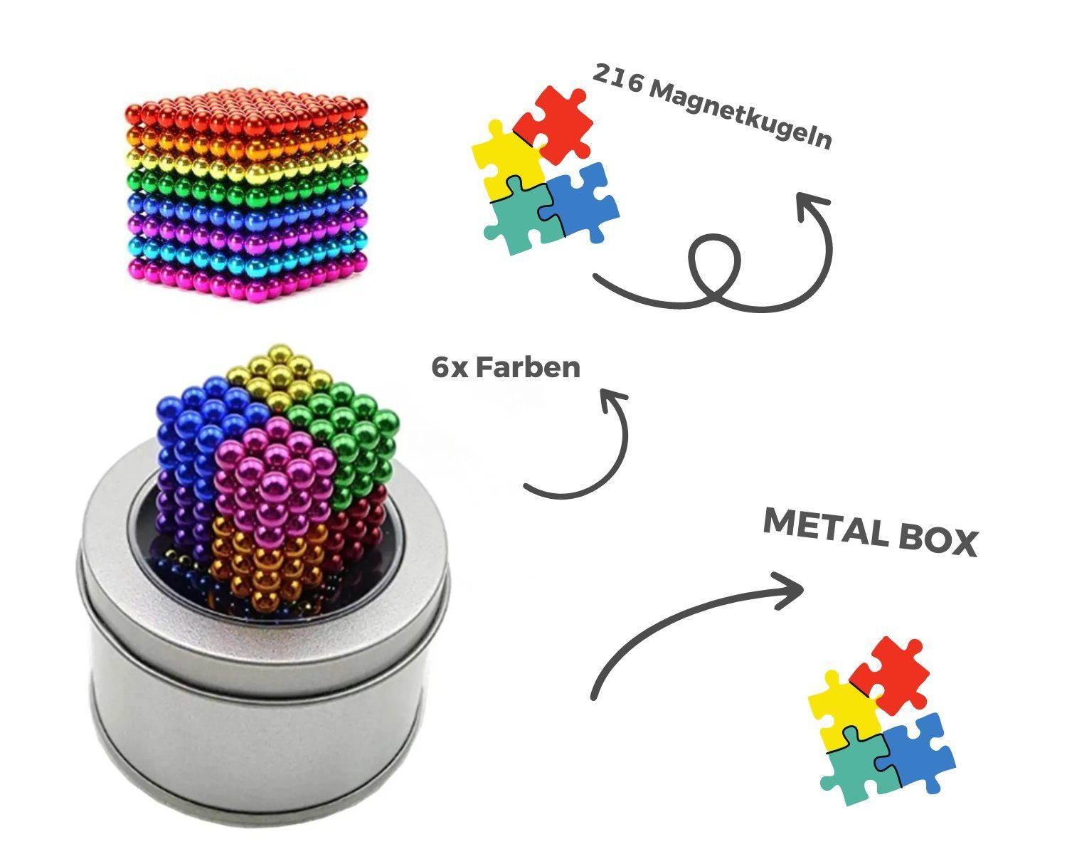 Dekomagnet Magnetkugeln 216 Stk. 5mm Magnetische Kugeln Blöcke Bunt+Metal Box, powertechnik-Germany