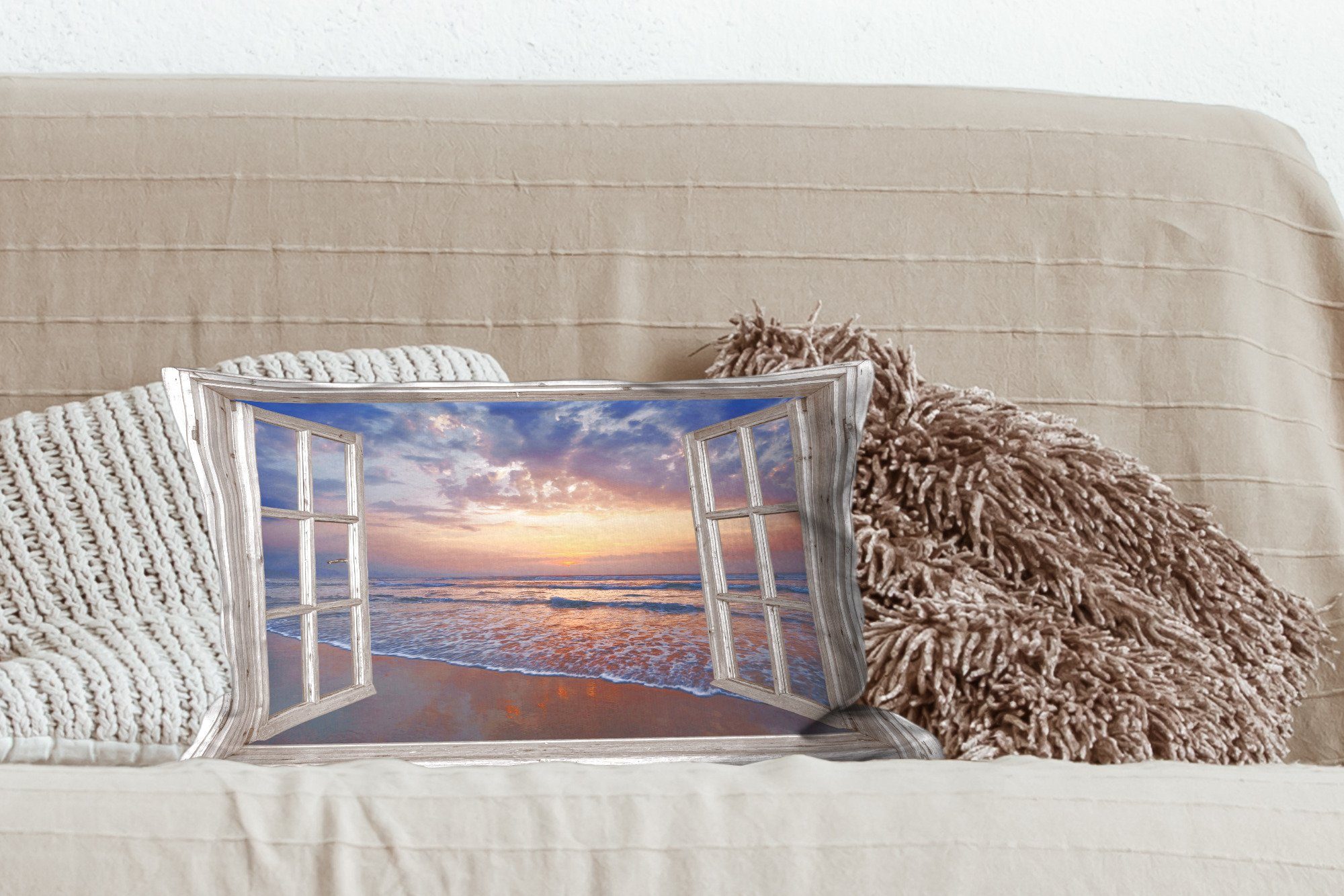 Dekokissen - Sonnenuntergang - - Blau, Aussicht Meer Schlafzimmer MuchoWow Dekokissen Zierkissen, Wohzimmer Strand - Füllung, mit Dekoration,