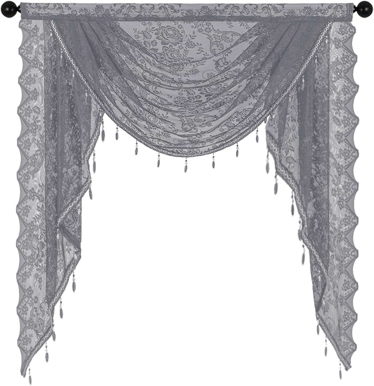 Diwzbyn Scheibengardine Bestickte Voile-Gardine mit Blumenmuster, mit Perlenquasten, halbtransparenter Spitzenvorhang für Wohnzimmer und Schlafzimmer