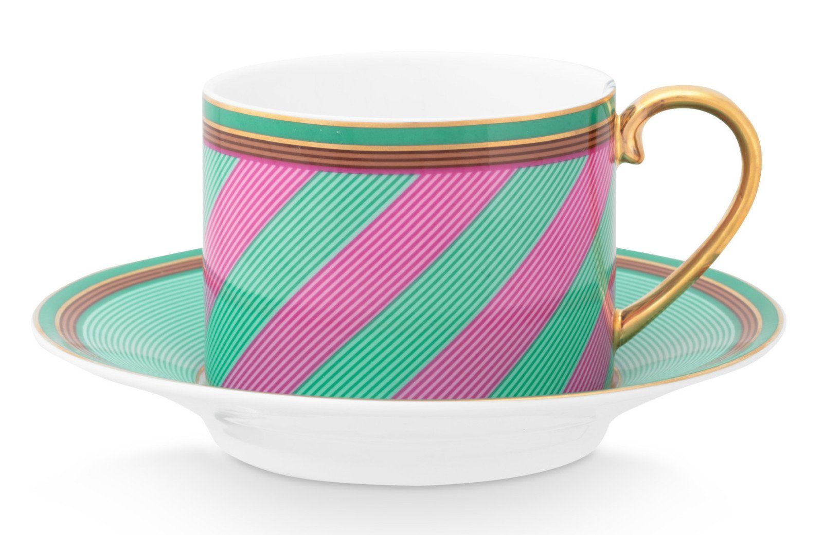 PiP Studio Tasse Chique Stripes Tasse mit Untertasse pink-green 220ml, Porzellan