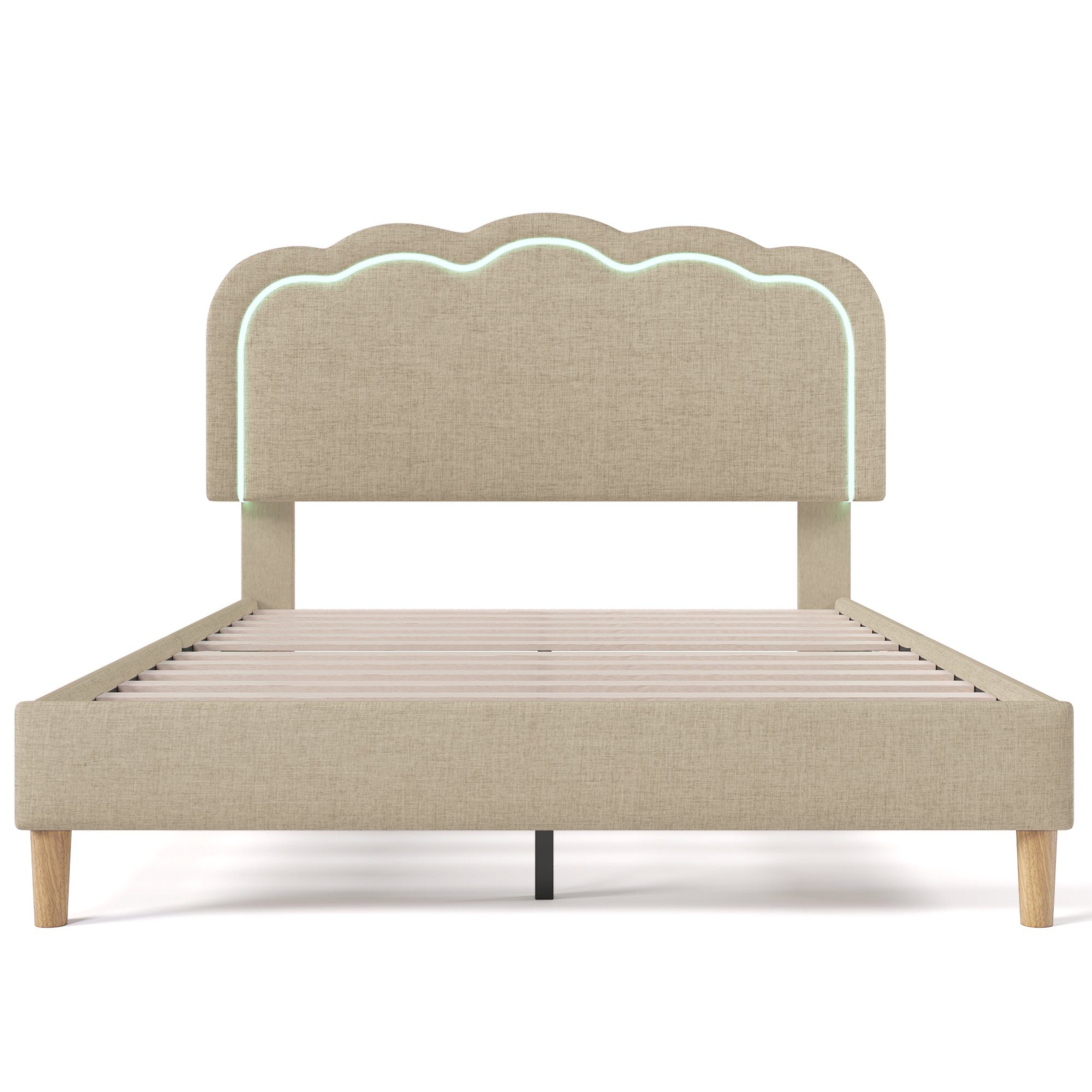Polsterbett (LED Doppelbett), mit Lattenrost & Verstellbares Kopfteil in Puff-Form 140x200cm, Leinen