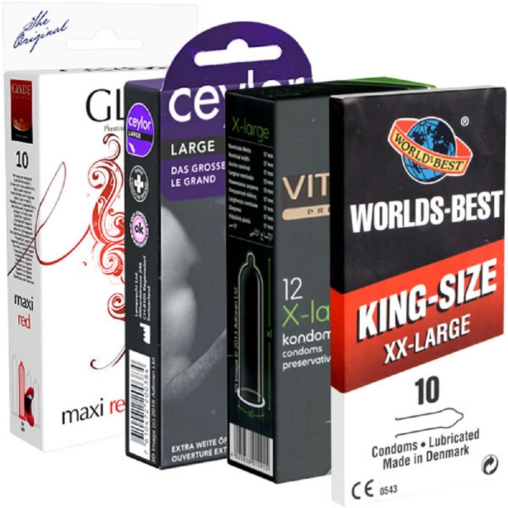 Kondomotheke XXL-Kondome Probierset: Long & Wide Mix (Testpack Größe XL - XXL) 4 Packungen große Kondome, insgesamt, 38 St., Kondome Probierset, für den großen Penis - Kondome für Männer, die mehr Platz brauchen