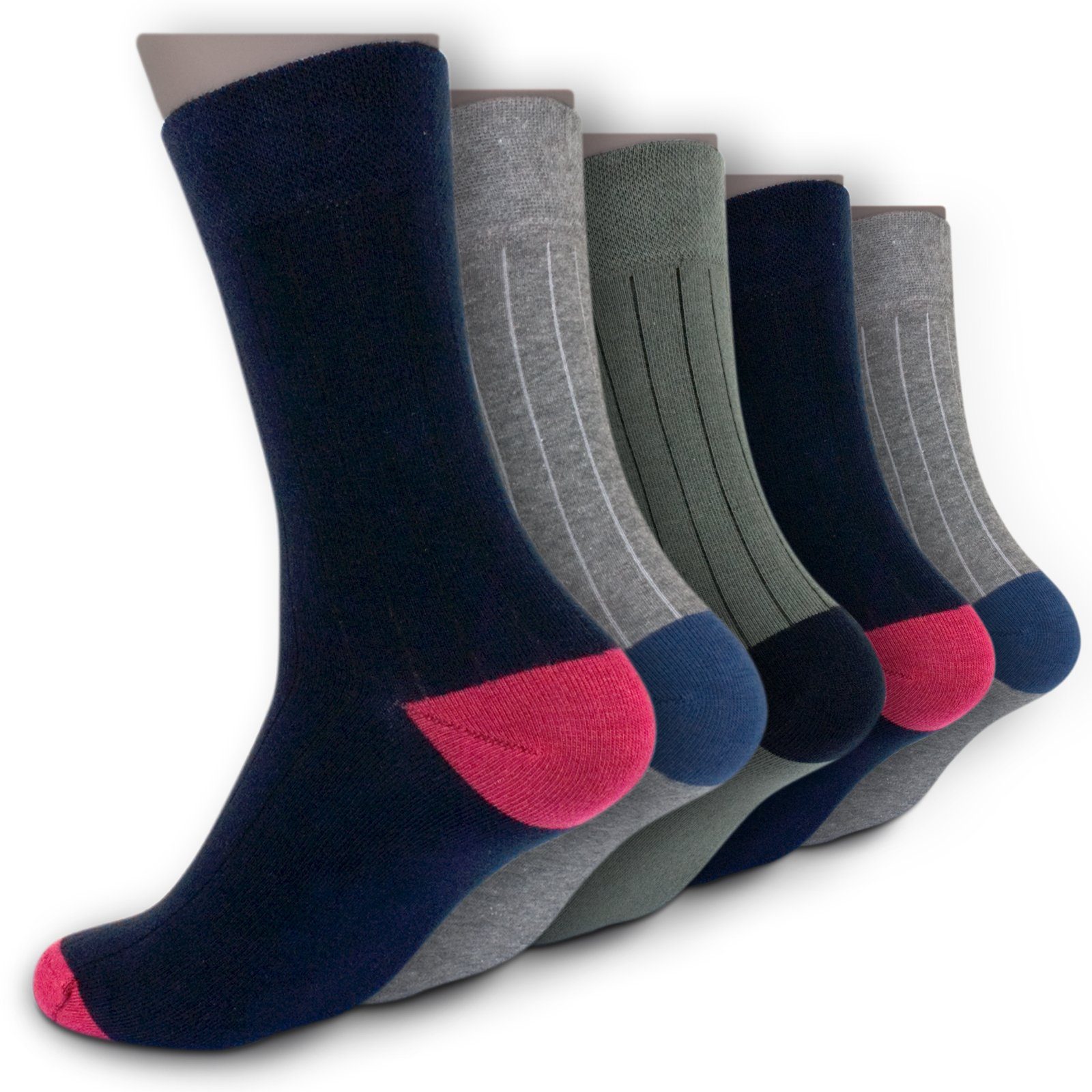 Die Sockenbude Basicsocken grau Komfortbund STREIFEN 5-Paar, (Bund, Gummi ohne mit olivgrün) blau