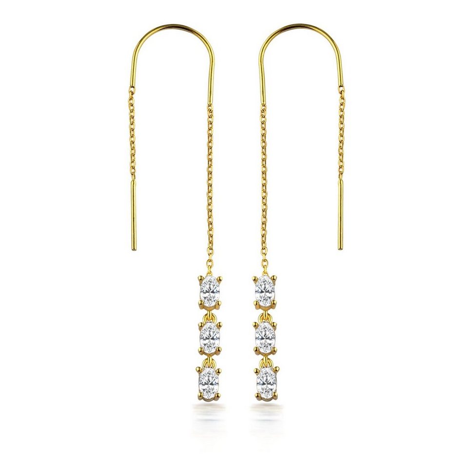 dKeniz Paar Ohrhänger 925/- Sterling Silber vergoldet Glänzend 8cm Zirkonia  Weiß, Perfekte Ergänzung zum Outfit