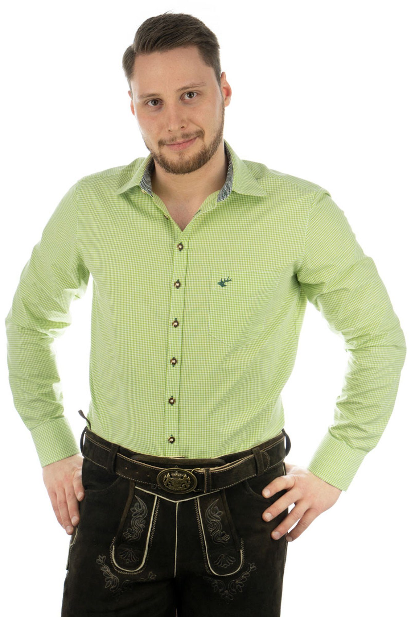 OS-Trachten Trachtenhemd Wacodu Langarmhemd mit Hirsch-Stickerei auf der Brusttasche giftgrün
