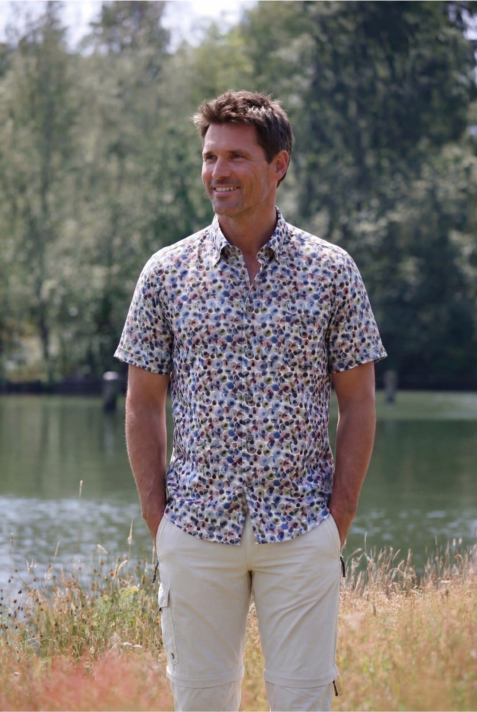 Haupt Kurzarmhemd Kurzarm Herrenhemd aus Baumwolle-Leinen Navy Modern Fit Sommer