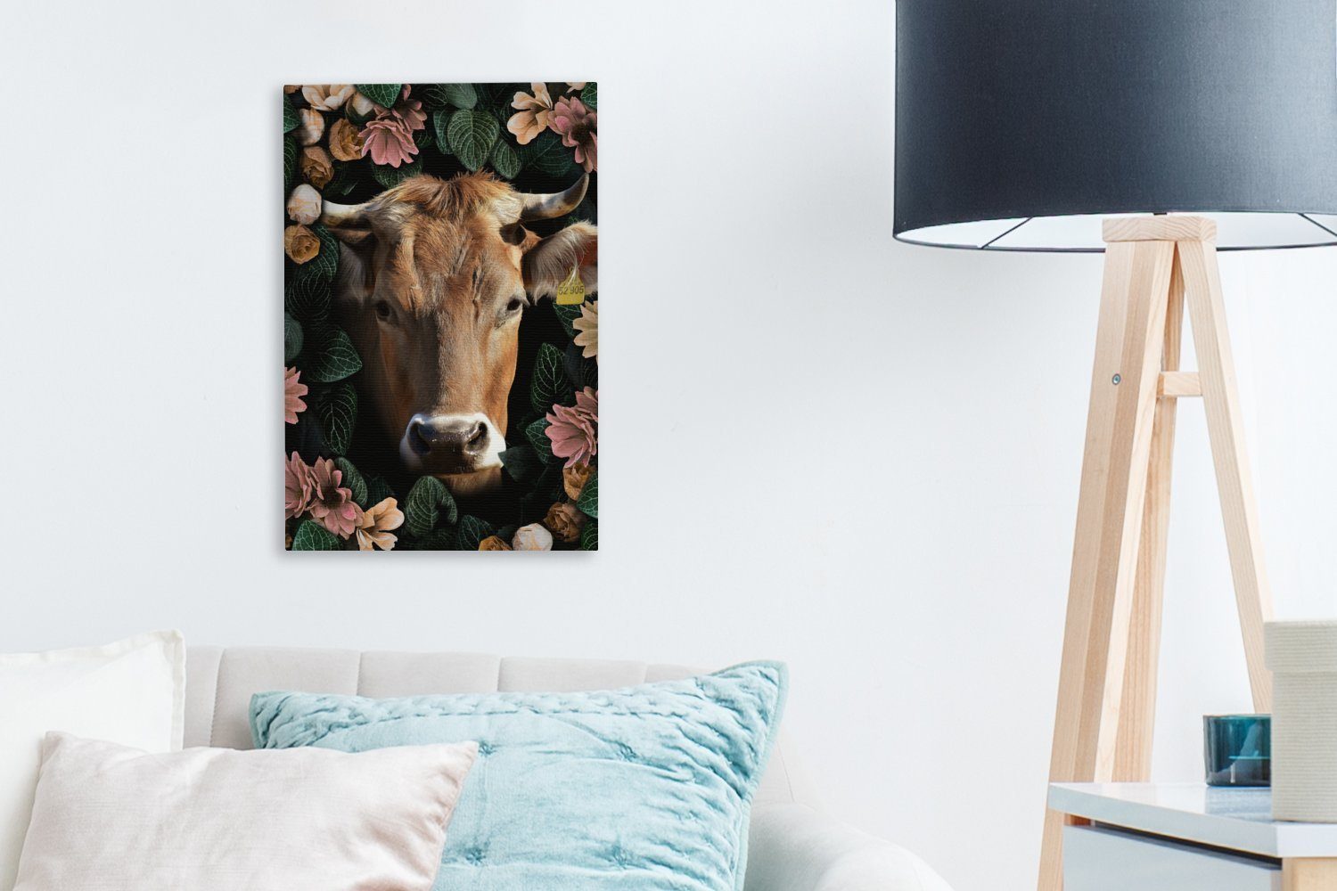 St), Tiere fertig inkl. Zackenaufhänger, OneMillionCanvasses® cm - Leinwandbild Kuh Blumen, (1 Gemälde, 20x30 - Leinwandbild bespannt