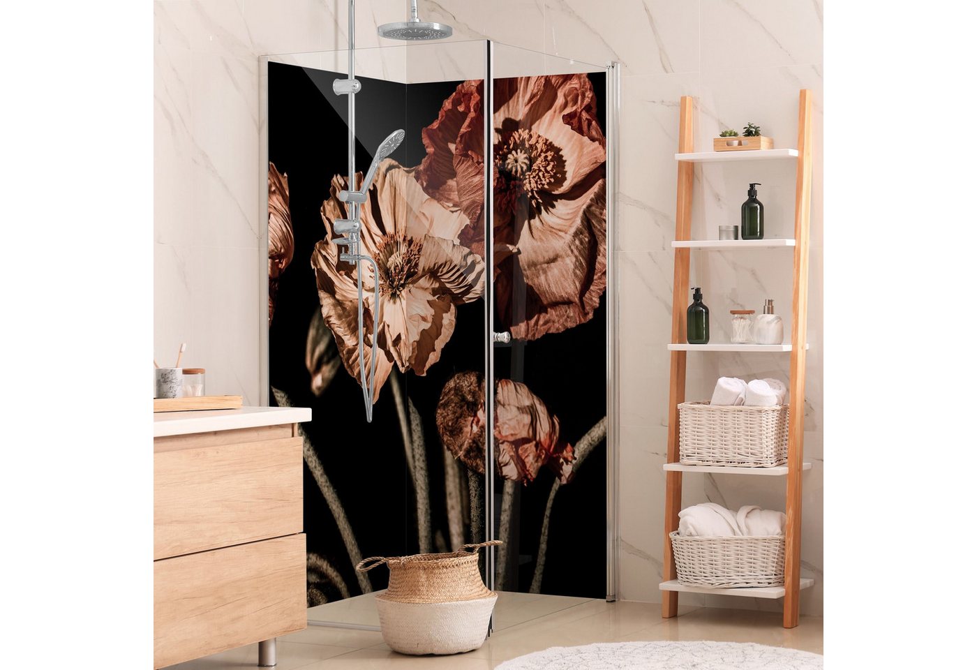Thumbnail - Bilderdepot24 Duschrückwand Fliesen Blumen schwarz Duschrückwand ohne Bohren Dusche, (2-tlg., 0,61 mm starke Folie selbs...