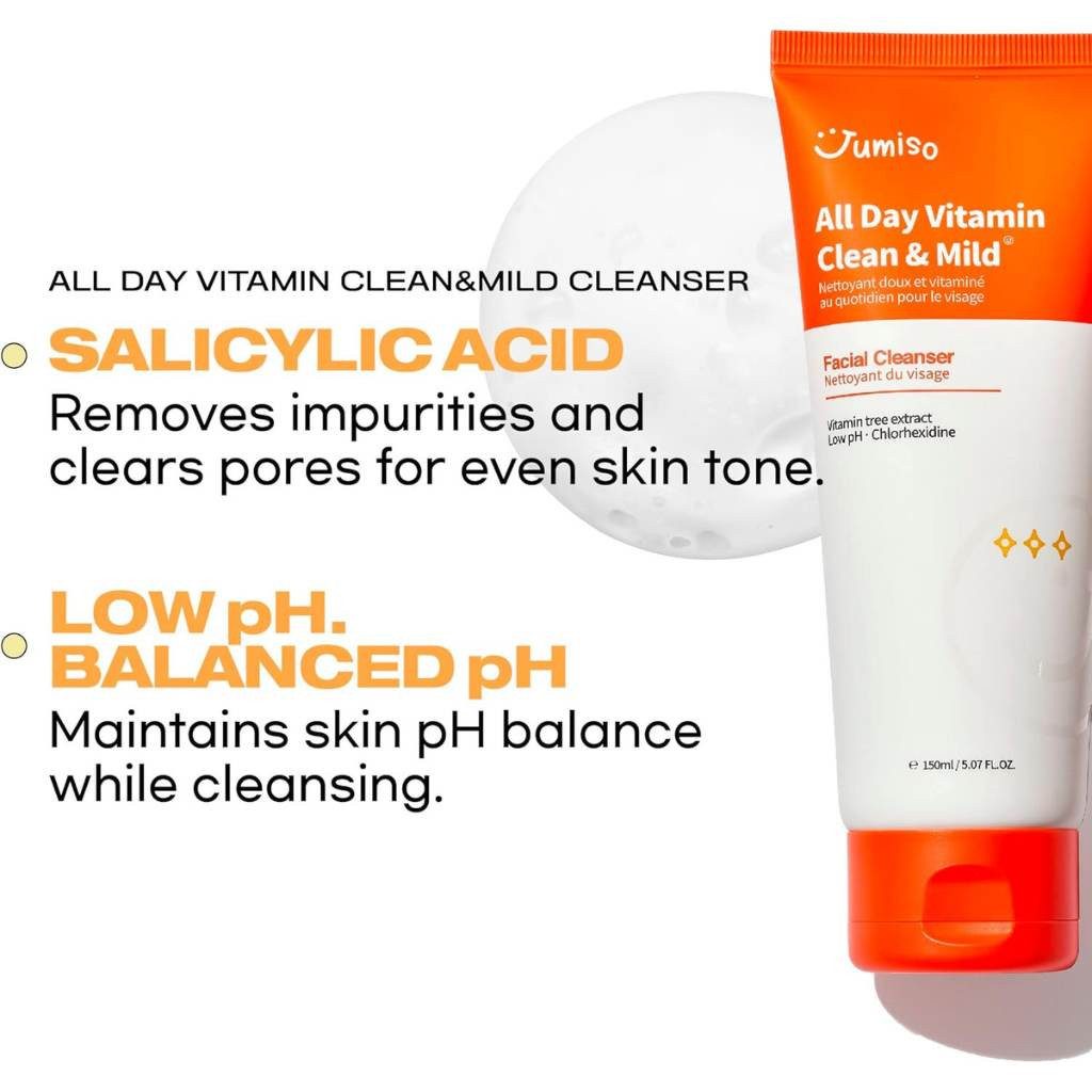 Jumiso Gesichts-Reinigungsschaum All Day Vitamin Clean Mild Facial Cleanser 150 ml – sanftes, Reinigungsgel mit Salicylsäure & Vitamin C, pH-hautneutral