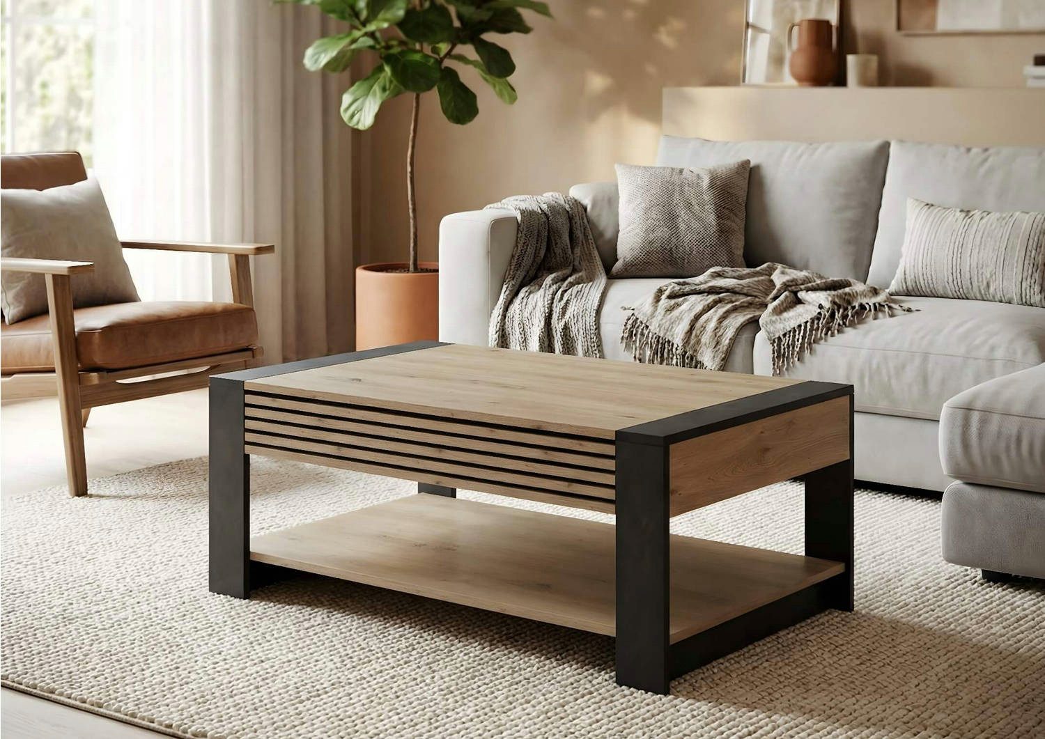 moebel-dich-auf Couchtisch LETIZIA (Artisan Eiche Dekor mit aufgesetzten Stäbchen, Absetzung schwarz Dekor, inkl. Schubkasten), MDF Front mit aufgesetzten Stäbchen