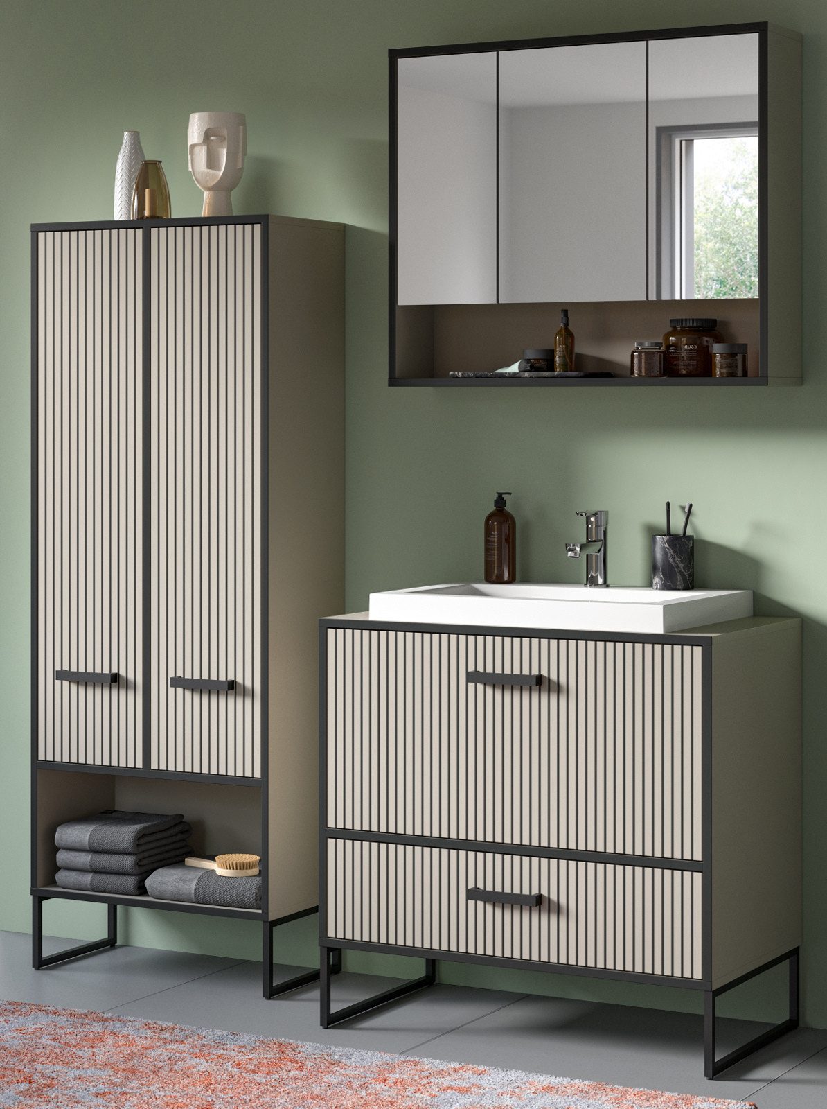 Inn.Furn Badmöbel-Set Scana, (Badezimmer in Sand mit schwarz, 4-St., Komple günstig online kaufen