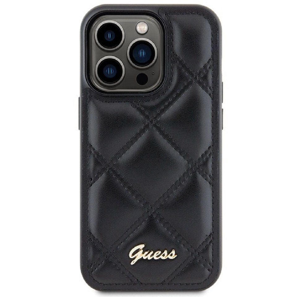 Guess Handyhülle Case iPhone 15 Pro Max Kunstleder schwarz mit Logo goldfarben 6,7 Zoll, Kantenschutz