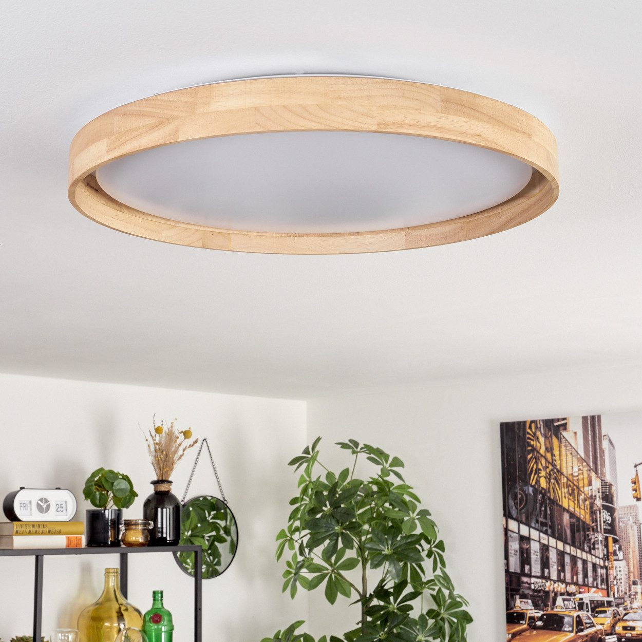 hofstein Deckenleuchte Deckenlampe aus Holz/Metall/Kunststoff in Natur/Weiß, LED wechselbar, 3000 Kelvin, im skandinavisch/modernen Design mit rundem Schirm (50 – Bild 2 von 5