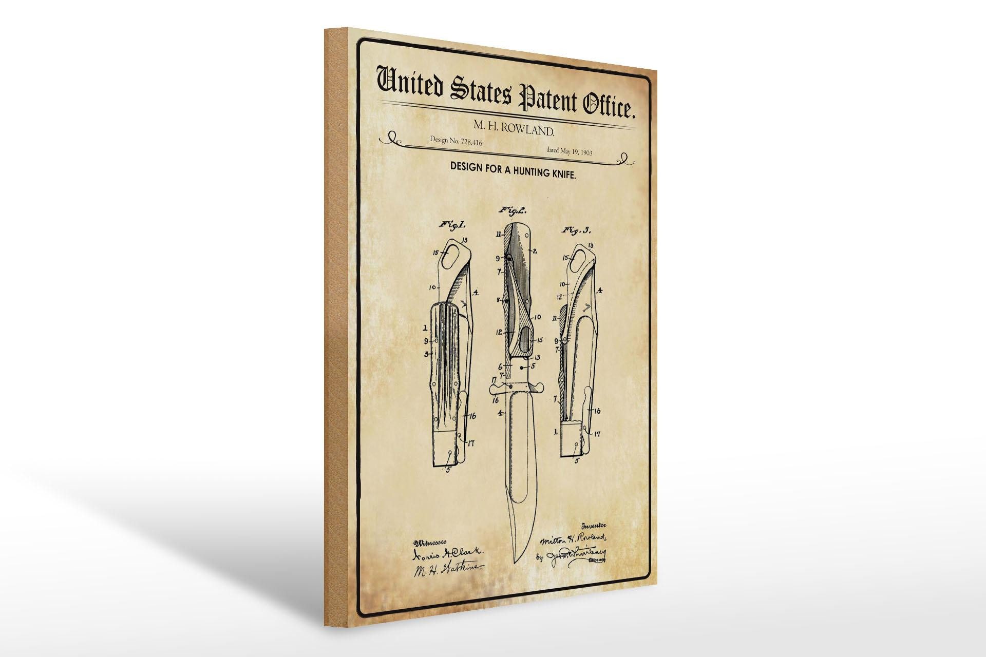 Femer GmbH Holzbild Patent 30x40 cm Entwurf für ein Jagdmesser, (1 St), Glatte Holzfaserplatte (MDF), vorn beschichtet