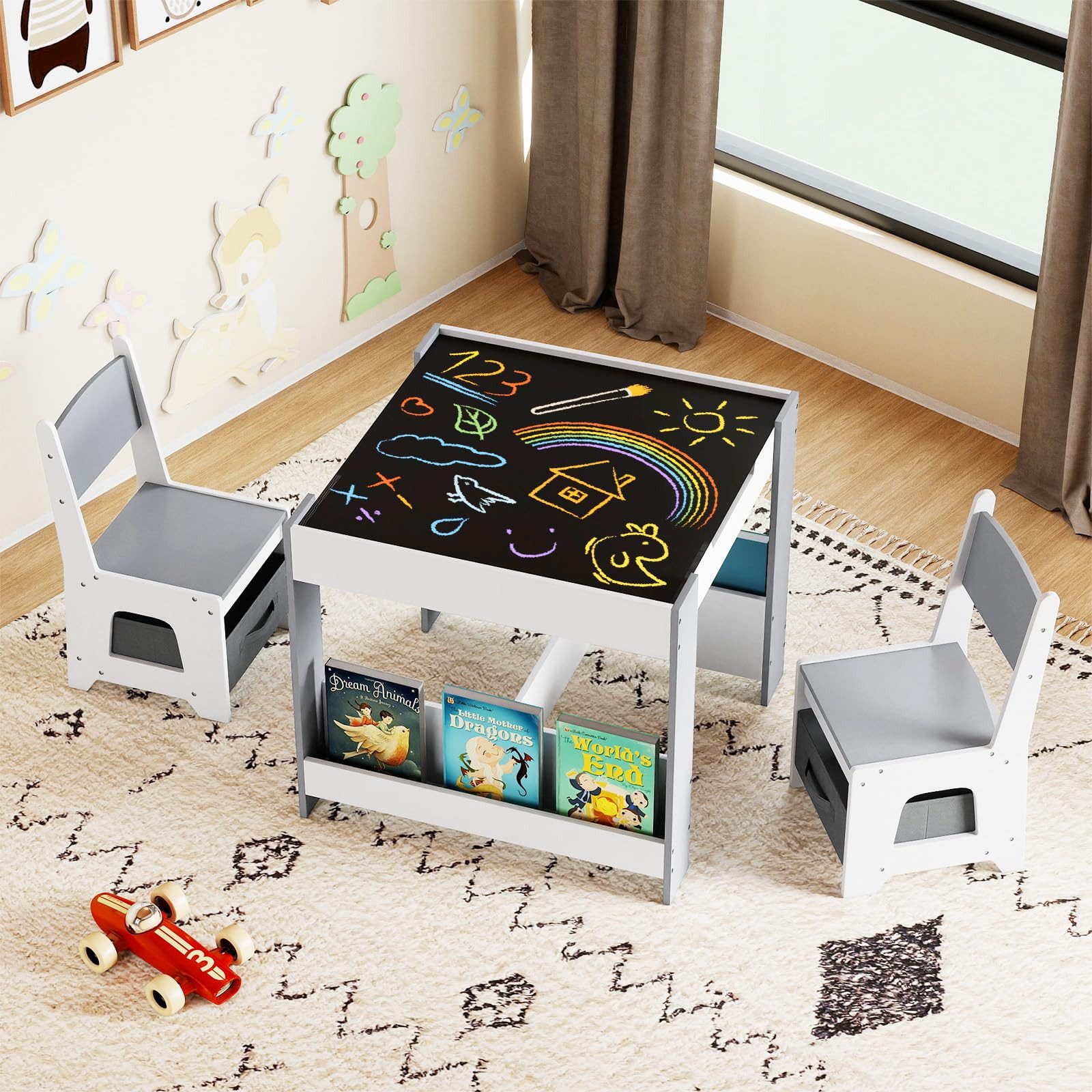 COSTWAY Kindersitzgruppe, (3-tlg), 4-in-1 Kindertisch mit 2 Stühlen, Stauraum