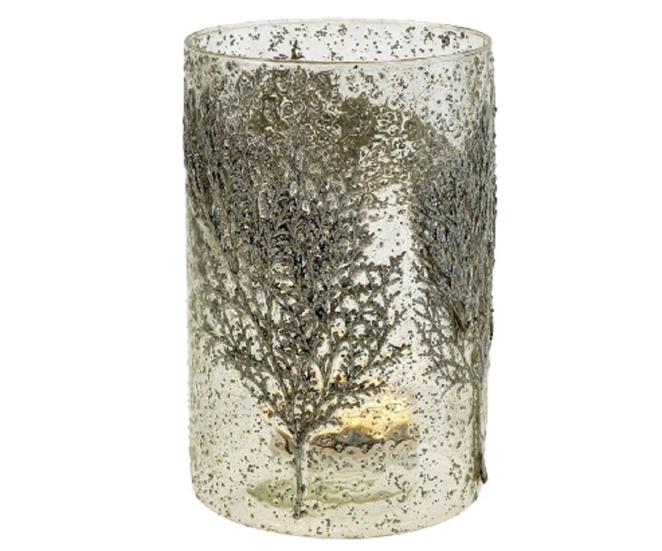 Werner Voß Teelichthalter »Windlicht Teelicht Halter Glas H=20cm Blatt  Zweige silber weiß Kerze Deko grau« (1 x Windlicht)