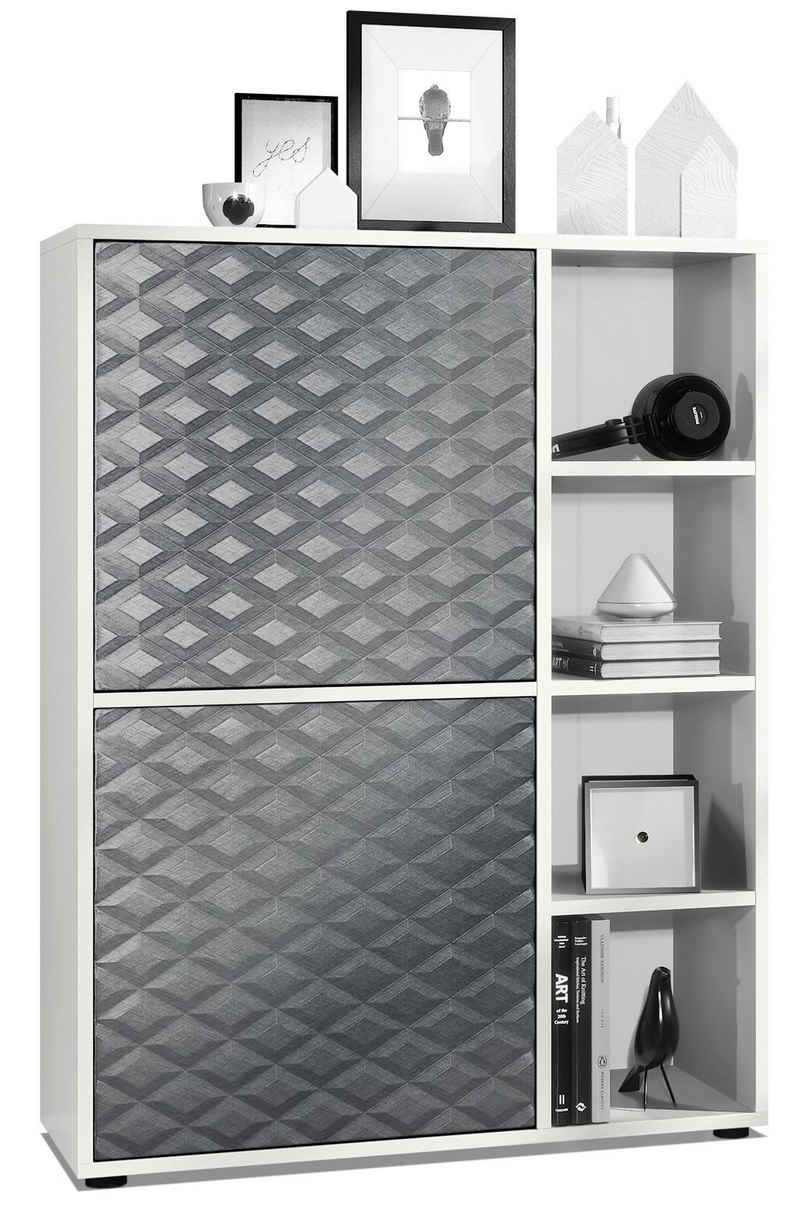 Vladon Highboard Cuba (Anrichte, mit 2 Türen und 4 offene Fächer), Weiß matt/Stahlgrau 3D Struktur (79 x 105,5 x 35,5 cm)