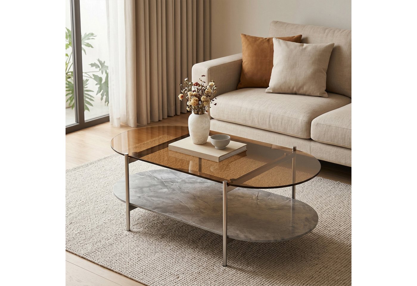 Jiexi Couchtisch Couchtisch oval Glas Grauglas Wohnzimmertisch 2 Ebenen Silber