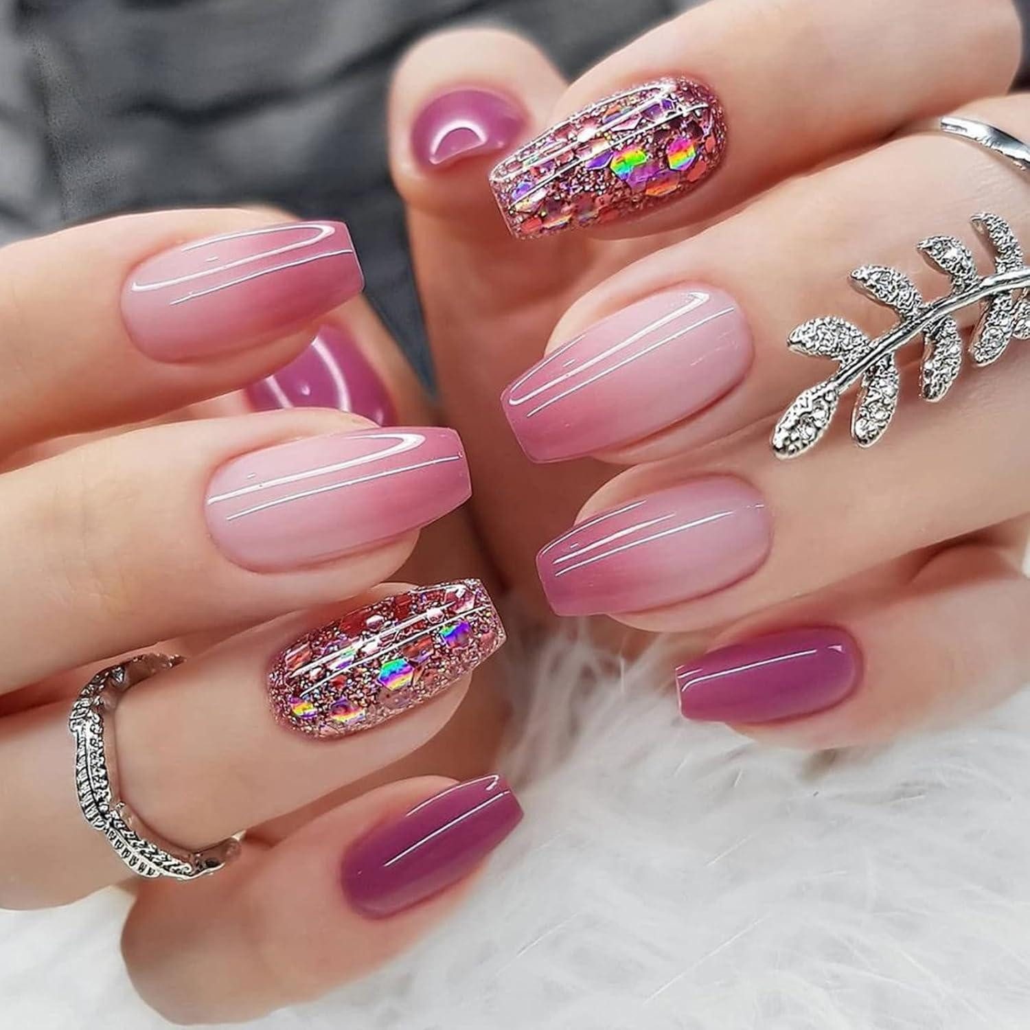 Kunstfingernägel 24er Set Lila Farbverlauf Press on Nägel Sarg French Tips Nagel