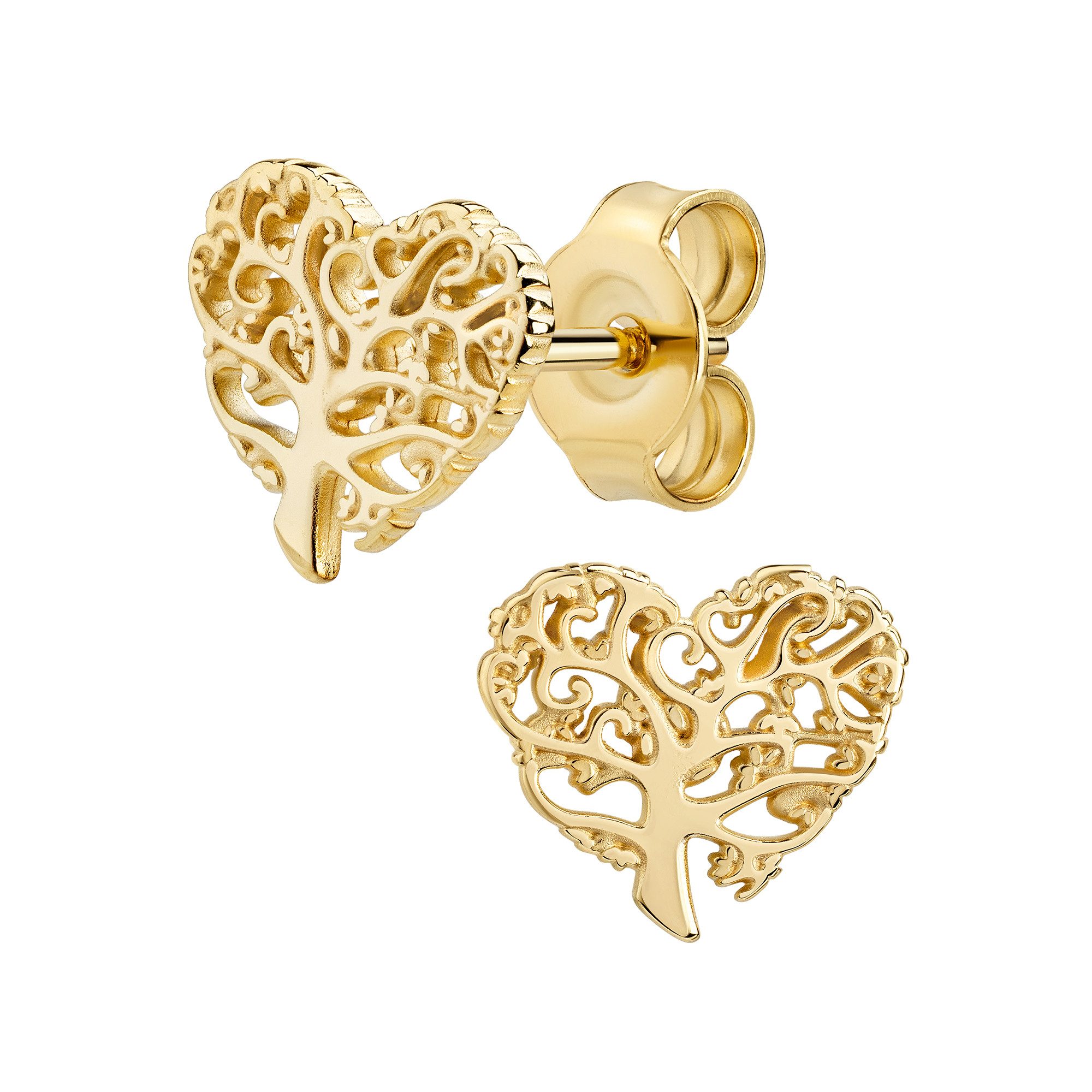 JEVELION Paar Ohrstecker Herz-Lebensbaum aus 333 Gelbgold massiv Gold (Ohrschmuck Gelbold, 2-tlg., für Damen und Mädchen), Goldschmuck - Made in Germany