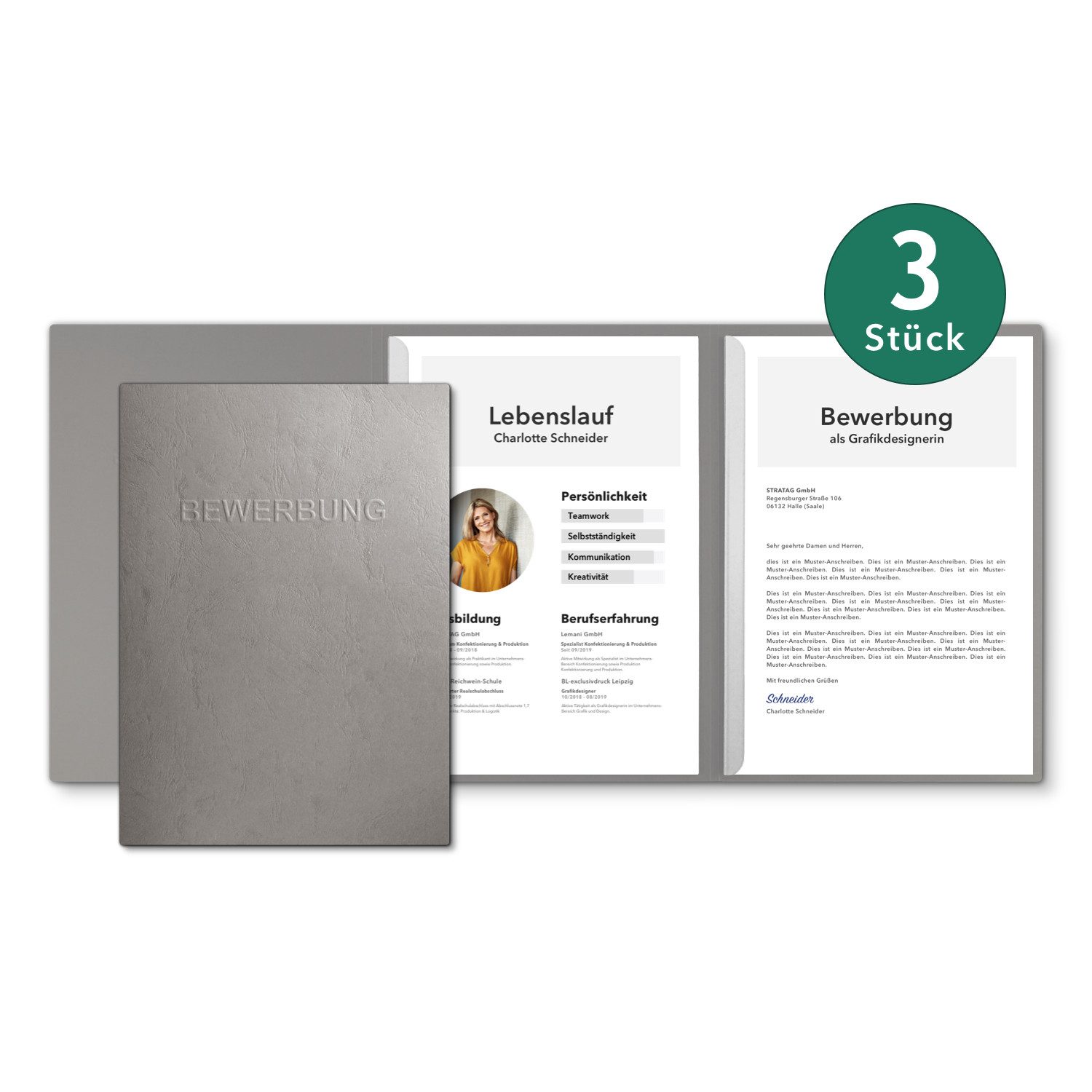 STRATAG Bewerbungsmappe in feinster Lederstruktur - 3 Stück 3-teilig mit 2 Klemmschienen (Set, 3-St., mit hochwertiger Relief-Prägung BEWERBUNG), direkt vom Hersteller STRATAG - handgefertigt in Deutschland