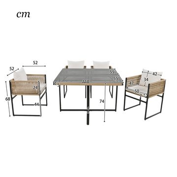 XDeer Garten-Essgruppe 5 tlg. Sitzgruppe mit 1 Esstisch, 4 stapelbaren Stühlen, Feines Seil, Eisen, Tischplatte aus 5mm starkem Sicherheitsglas