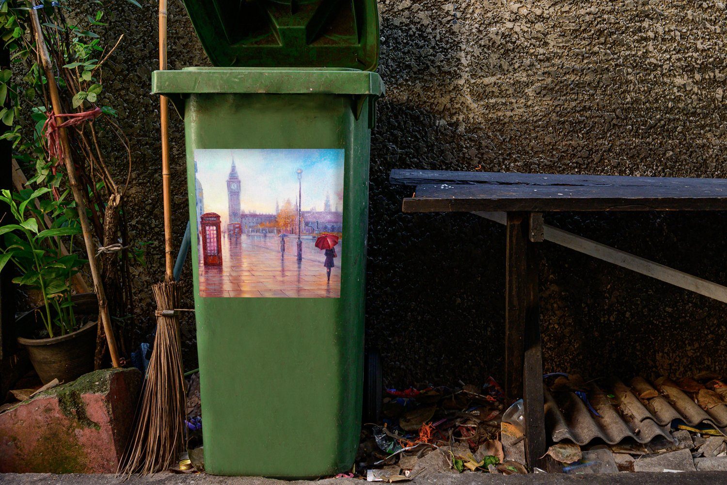 MuchoWow Wandsticker Container, - London Mülltonne, St), Abfalbehälter Sticker, Mülleimer-aufkleber, - Ölgemälde Telefon Malerei (1 