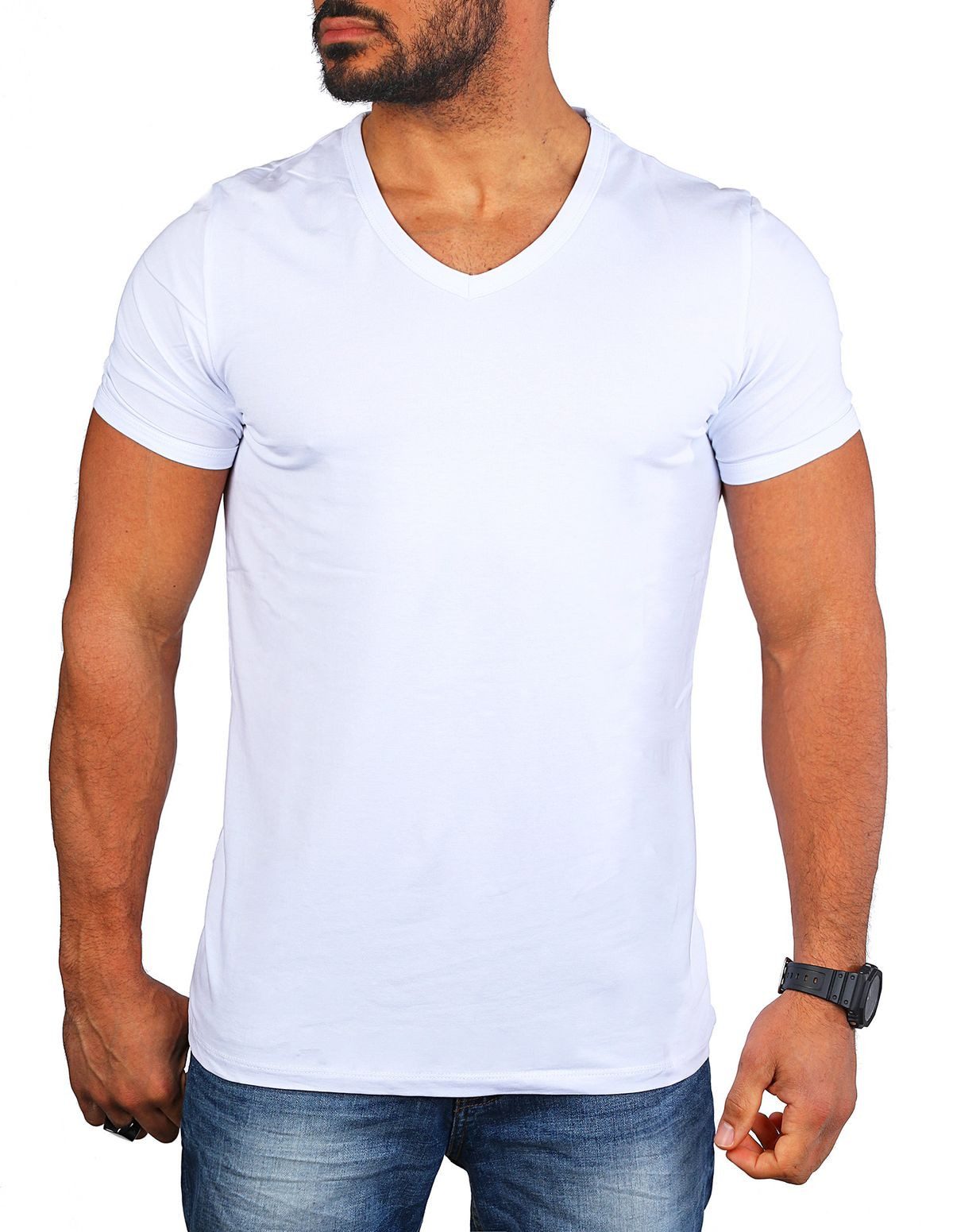 T-Shirt Herren Uni Basic tief-breit geschnittener V-Ausschnitt v-neck 4644