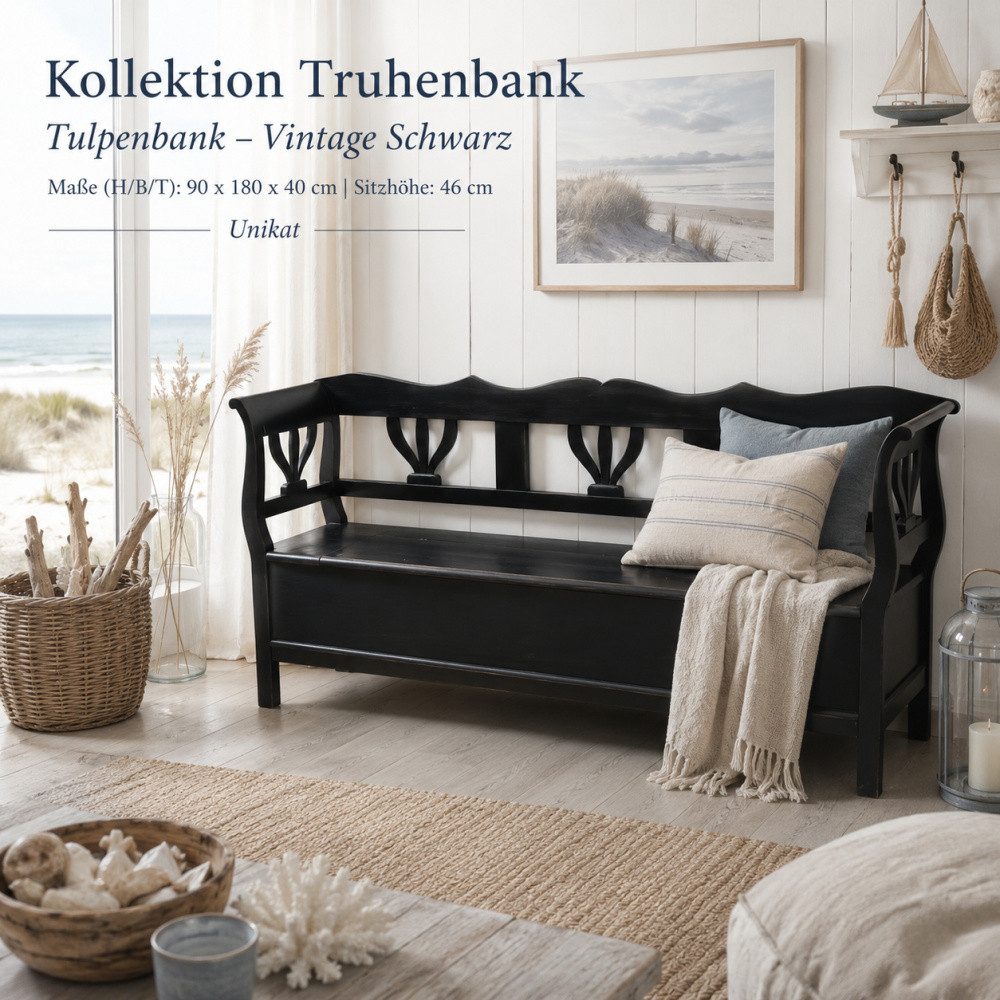Wohnpalast Truhenbank Truhenbank Tulpe aus Weichholz lackiert 180 cm schwarz