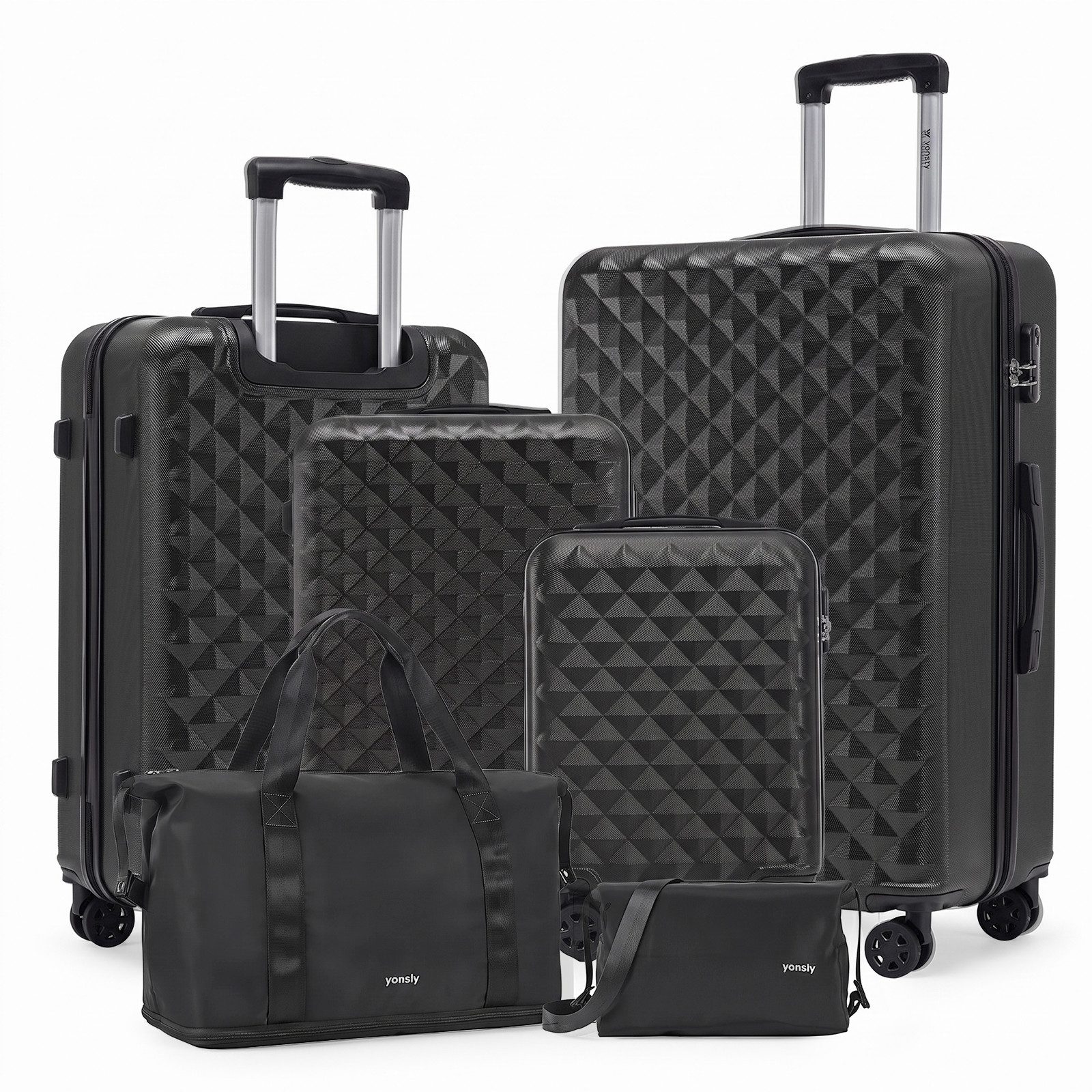 YONSLY Trolleyset für variable Reisedauer mit Reisetasche und praktischer Kosmetiktasche, 4 Rollen, (Reiseset, 6 tlg., mehrere Koffergrößen mit zwei ergänzenden Taschen), Vier drehbare Doppelrollen, Zahlenschloss und ergonomischer Gummigriff