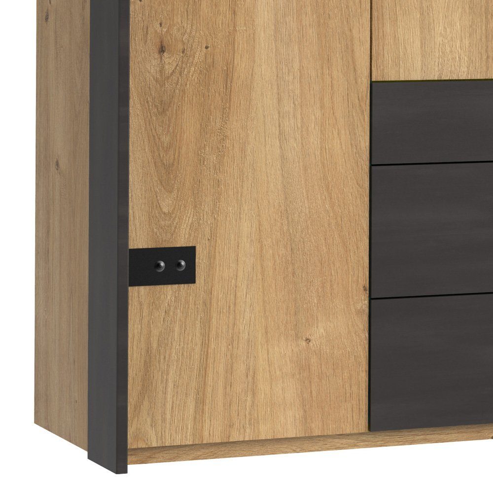 Stylefy Drehtürenschrank Sydney Plankeneiche Metall Design, Mehrzweckschrank) Modern viel mit Holzwerkstoff, (Kleiderschrank, aus Stauraum, 3-türig, Schubladen