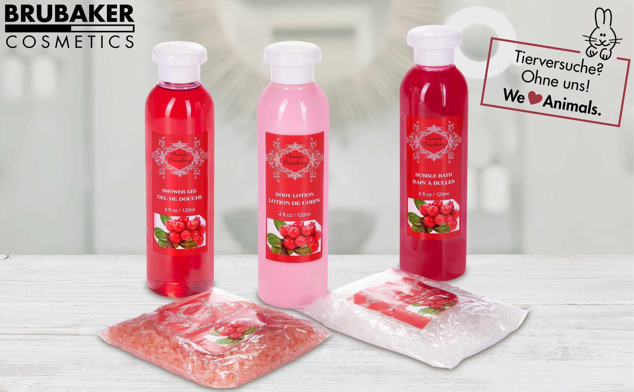 BRUBAKER Pflege-Geschenkset 2 in 1 Pflegeset Cranberry & Kokosnuss Erdbeere - Wellness Set, 15-tlg., Damen Dusch- und Badeset - Frauen Beauty Geschenkset mit Dekoration