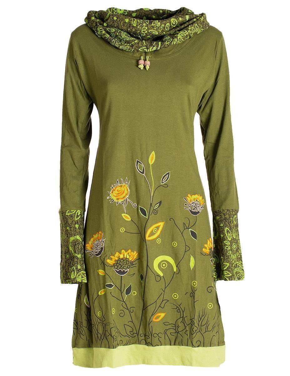 Jerseykleid Blumen-Kleid Langarm-Shirtkleid Schal-Kragen Baumwolle