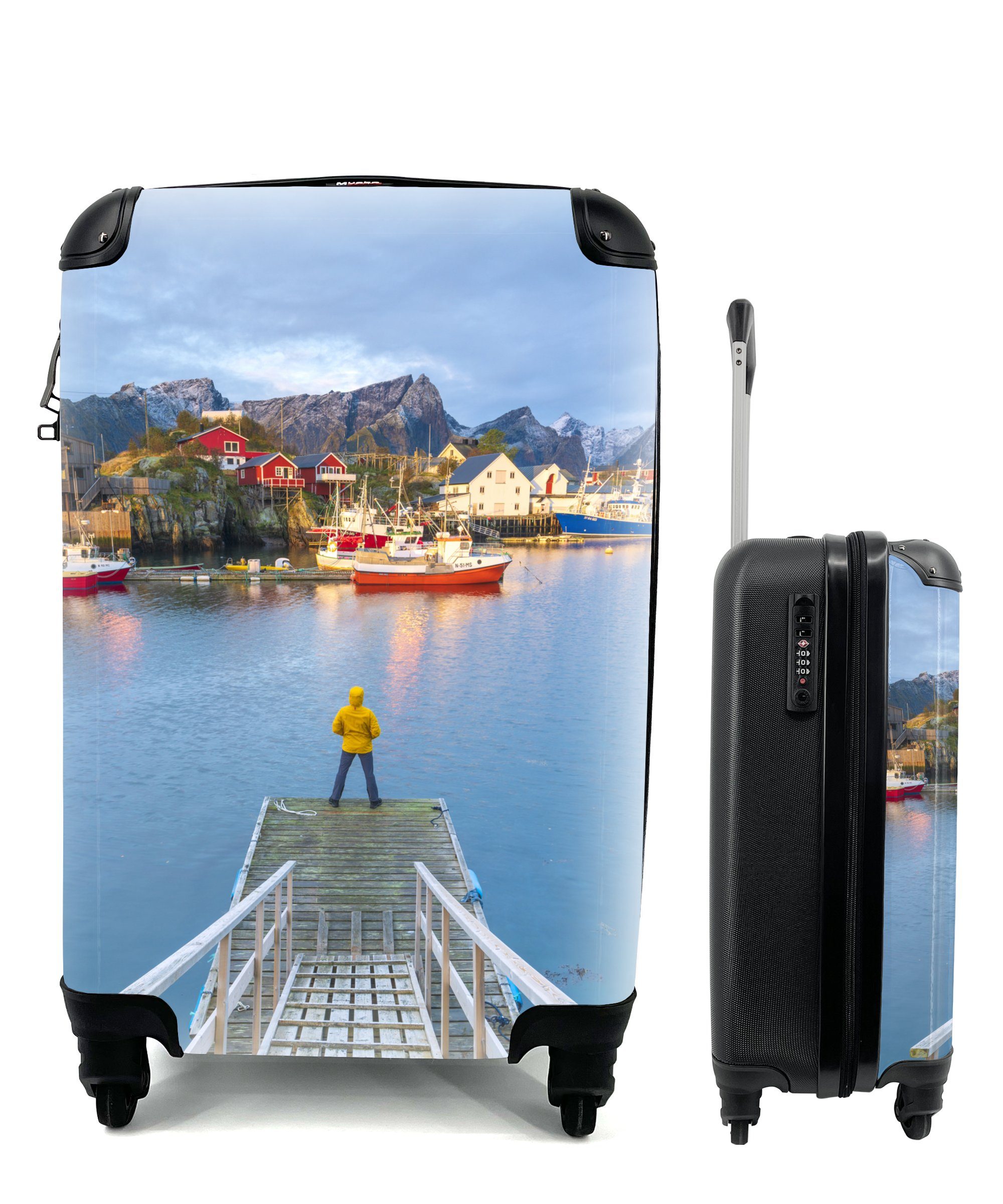 MuchoWow Handgepäckkoffer Mann auf einer Seebrücke auf den Lofoten, 4 Rollen, Reisetasche mit rollen, Handgepäck für Ferien, Trolley, Reisekoffer