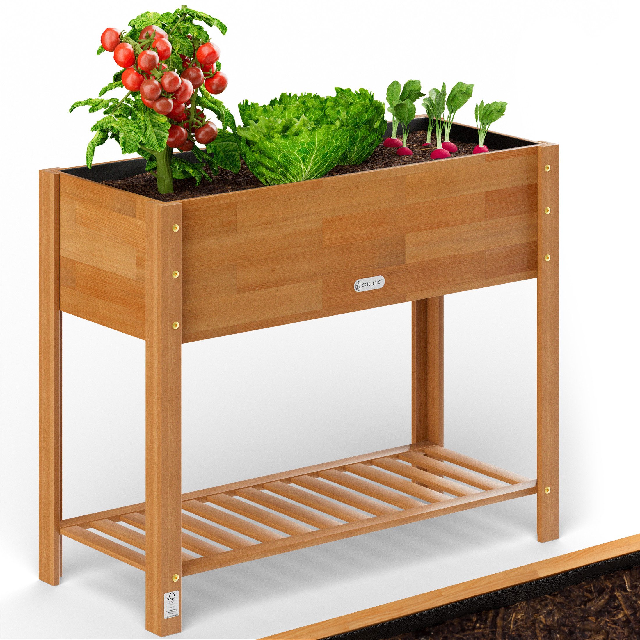 Casaria Hochbeet, FSC®-zertifiziert Akazie 100x40x84cm 2stufig Folie Ablageboden Braun