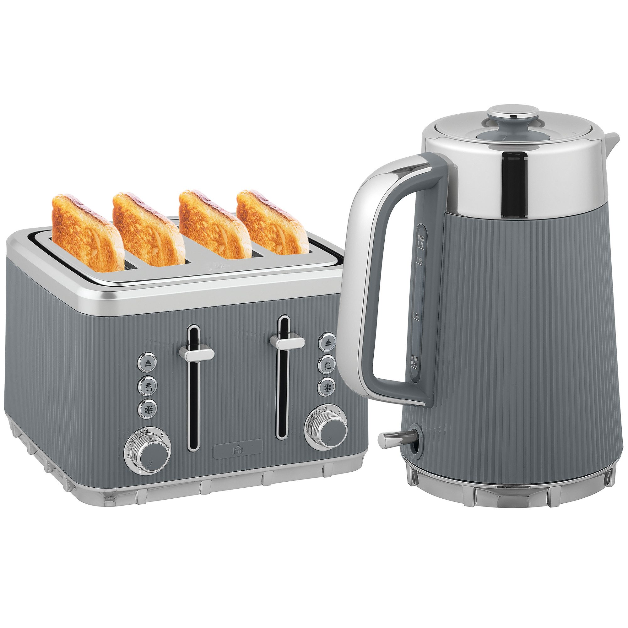 HOMCOM Frühstücks-Set Wasserkocher Toaster Set 1,7L mit Edelstahl-Innenraum 2200W (2-tlg), 4 Scheiben Toaster mit 7 Bräunungsstufen, Kalkfilter – Bild 2 von 5