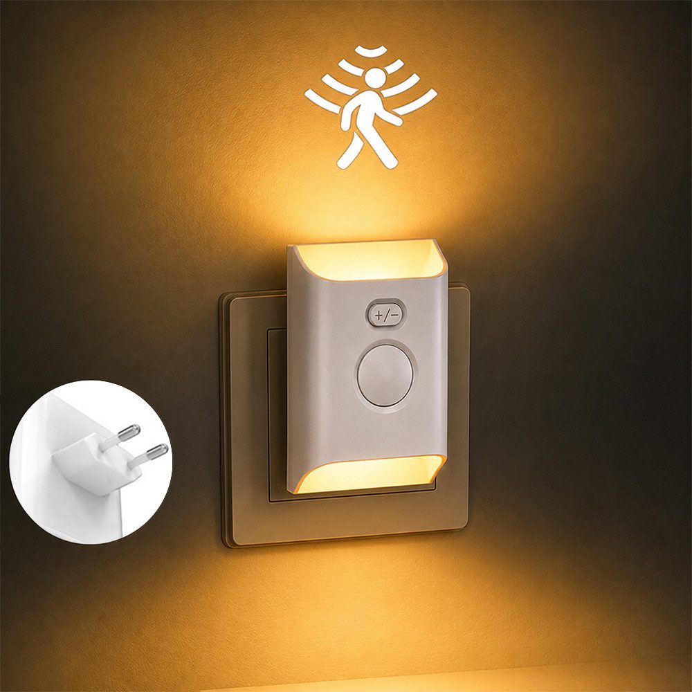 PRIISF LED Steckdosenleuchte Nachtlicht Steckdose mit Bewegungsmelder LED Steckdosenlicht WarmWeiß, Automatisch, Nachtlampe mit Dämmerungssensor Wandleuchte LED Schreibtischlampe, LED Steckdosenleuchte Sensor Notlicht mit Helligkeitssensor, für Flure, Tre