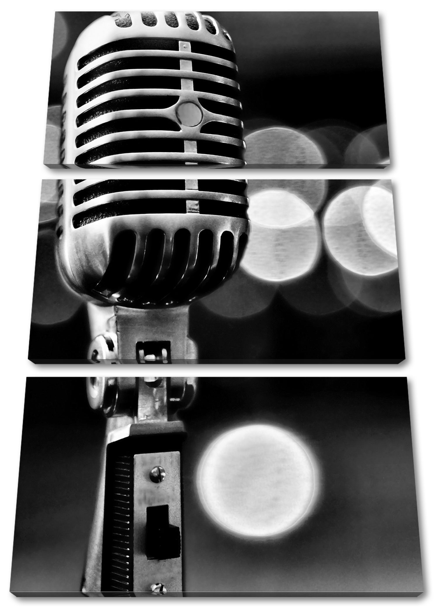Retro Zackenaufhänger bespannt, (120x80cm) Mikrofon, Mikrofon Retro fertig Altes Altes Leinwandbild Pixxprint (1 St), 3Teiler Leinwandbild inkl.
