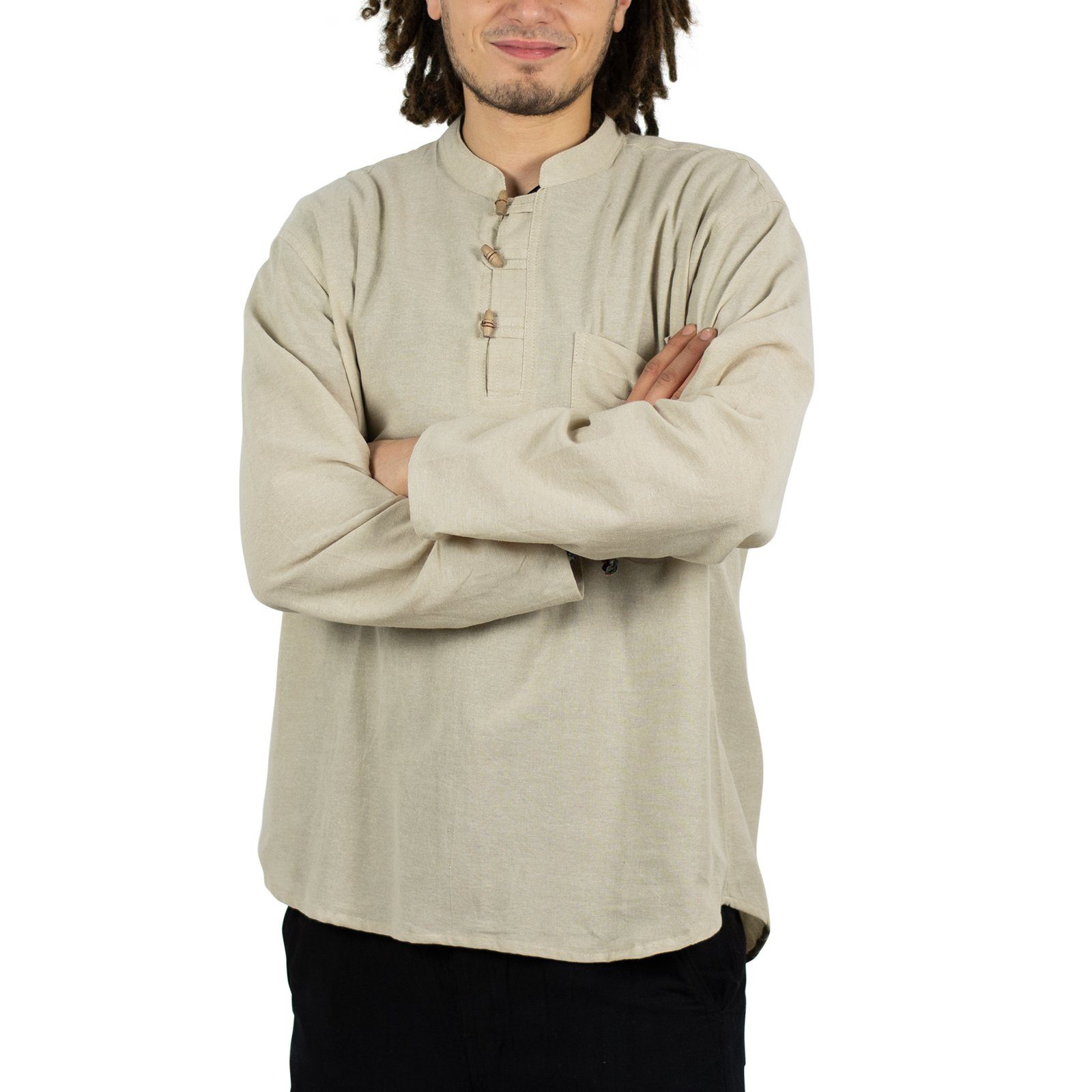 KUNST UND MAGIE Langarmhemd Herren Fischerhemden bequemer Schnitt klassische Farben