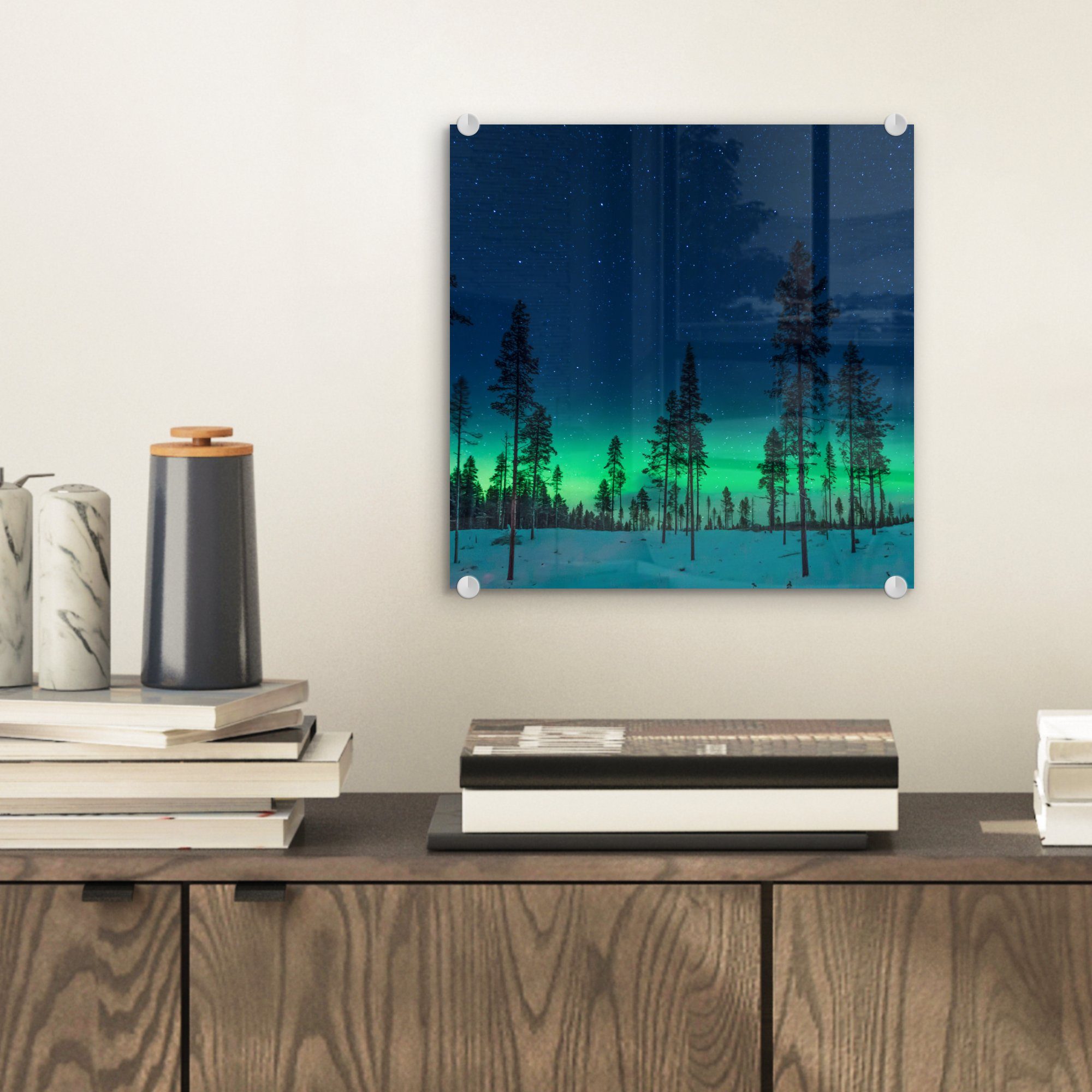 - Glasbilder Wanddekoration Glas Schnee Glas St), Foto auf auf (1 - Grün, - Bilder Wandbild Natur - Bäume Nordlicht - bunt Acrylglasbild MuchoWow - -