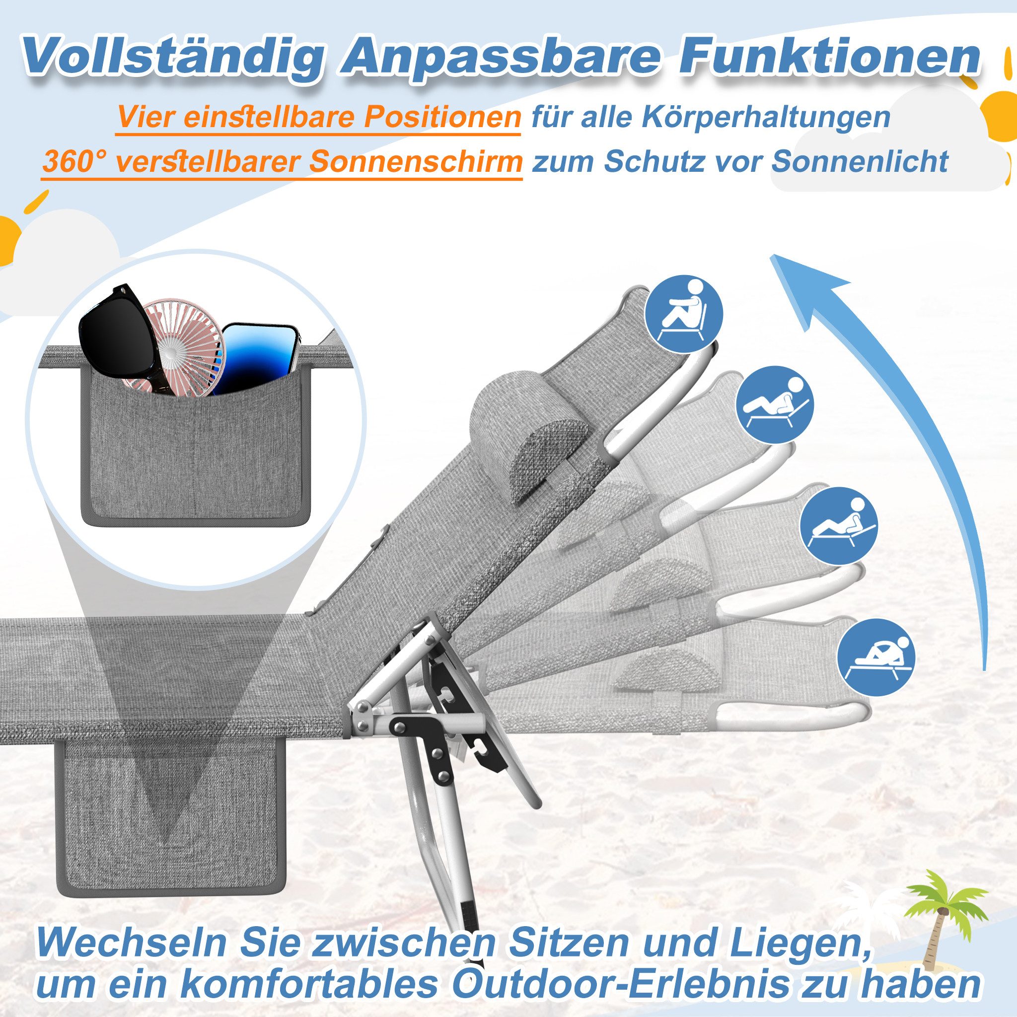 FIVMEN Gartenliege Sonnenliege Liegestuhl Garten Balkon Mit Sonnenschutz Klappbar Leicht, 1 St., Terrassen Liege Mit Dach Kopfkissen Tragegriffe Seitentasche – Bild 4 von 5