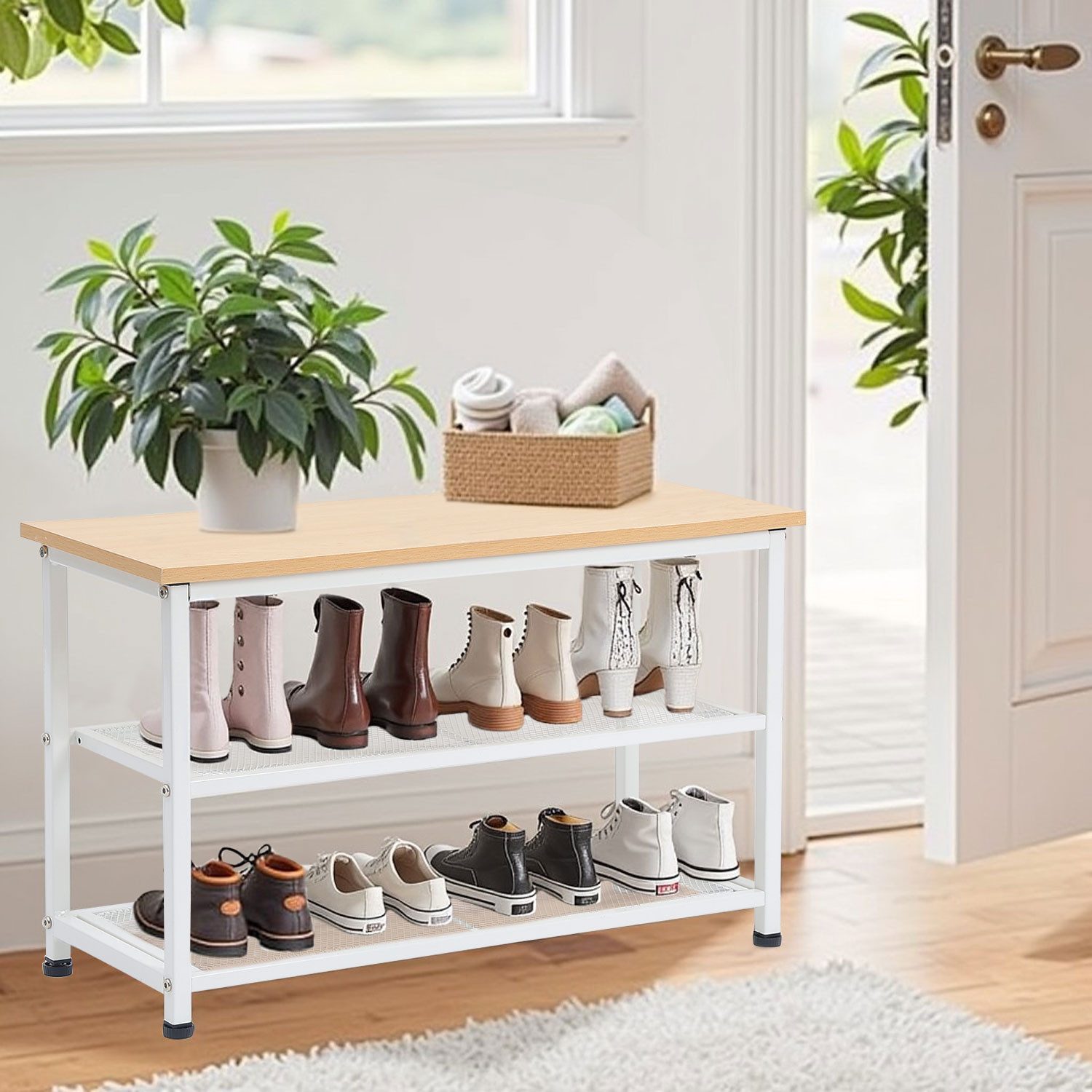 Schuhregal Schuhbank, Schuhablage mit 3 Ebenen und Gitterdesign