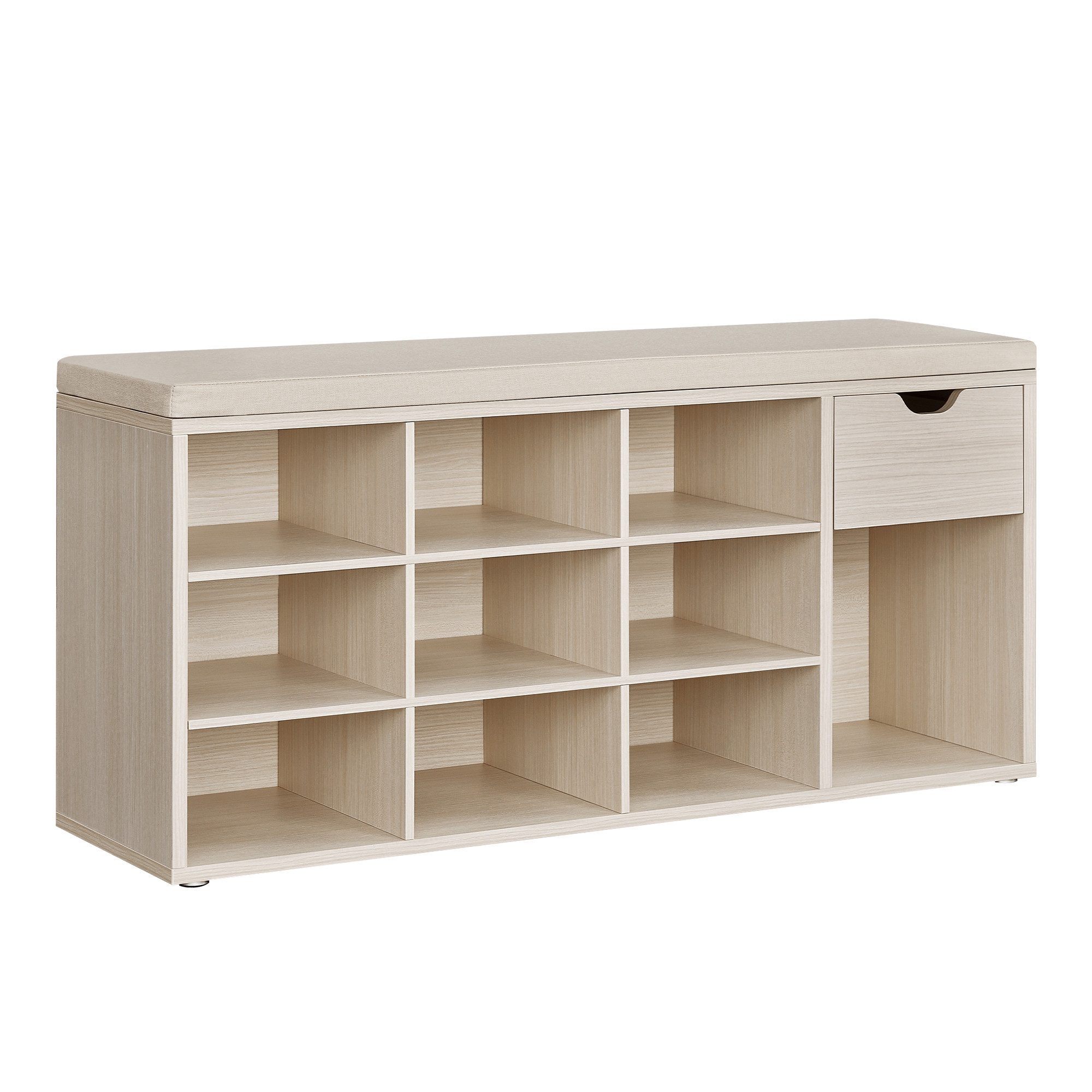 VASAGLE Schuhbank Schuhregal, Flur, Schlafzimmer und Eingangsbereich, 30 x 104 x 48 cm (1 Schublade, 10 offene Fächern), Sitzbank, gepolsterter Sitz, naturbeige-cappuccinobeige