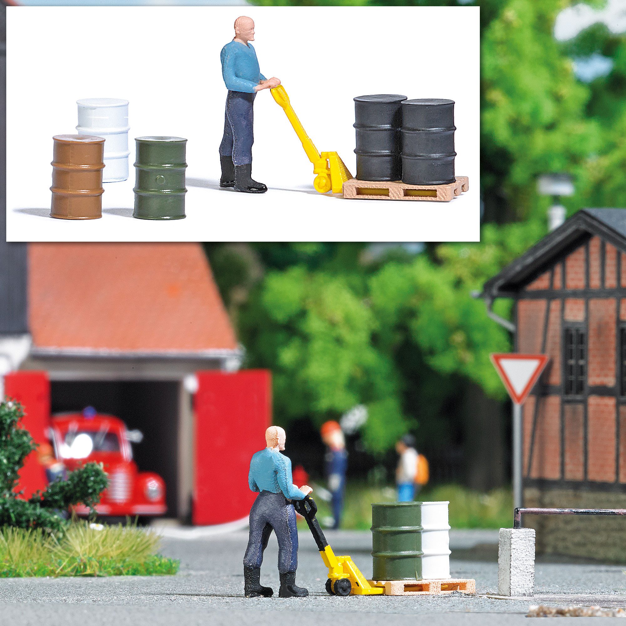 Busch Modelleisenbahn-Figur Busch H0 7809 Action Set: Hubwagen mit Figur Szenenset Diorama 1:87