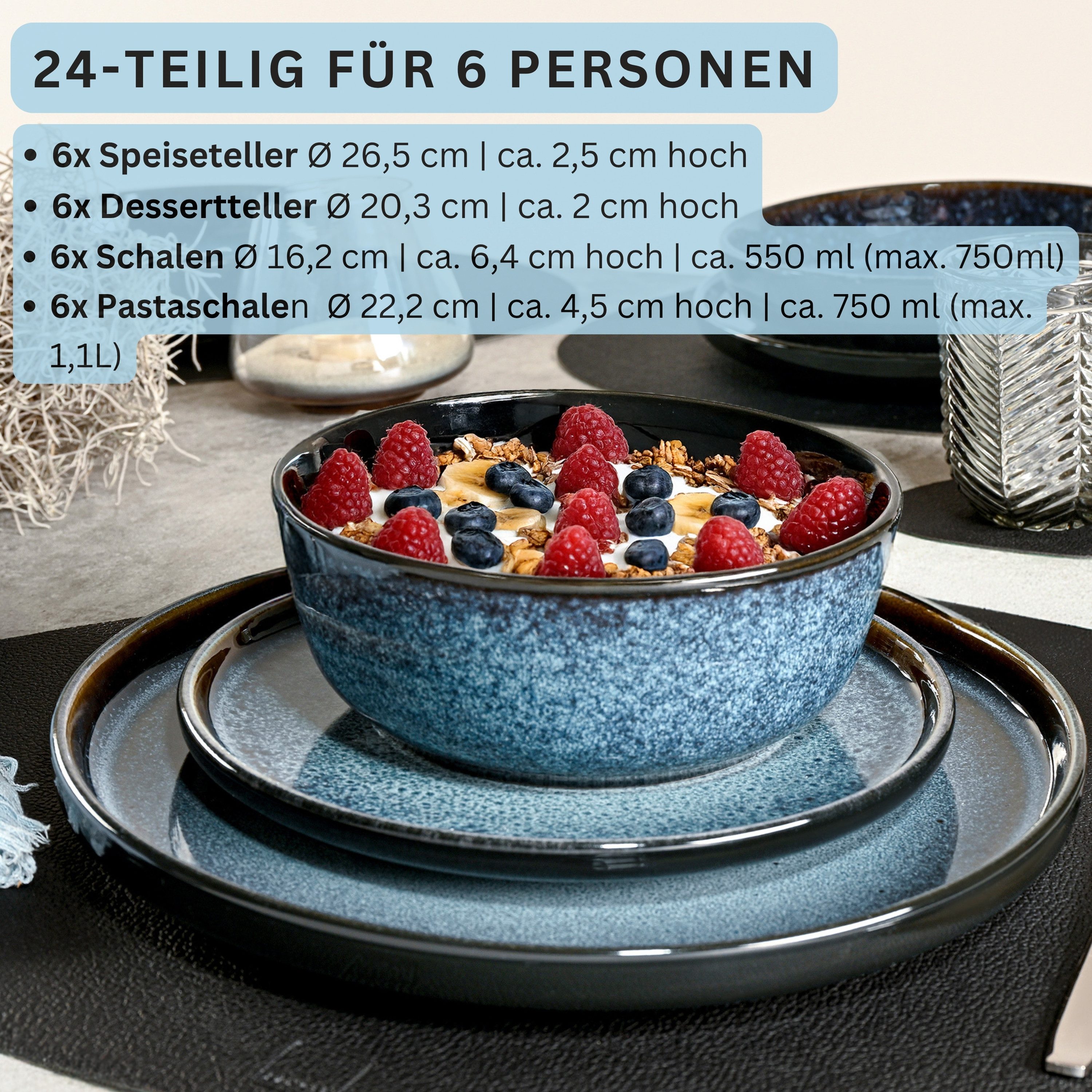 SÄNGER Geschirr-Set Osaka Blau mit schwarzem Rand (24-tlg), 6 Personen, Steingut, Tafelservice, Handmade, Erweiterbar, VALUE COLLECTION