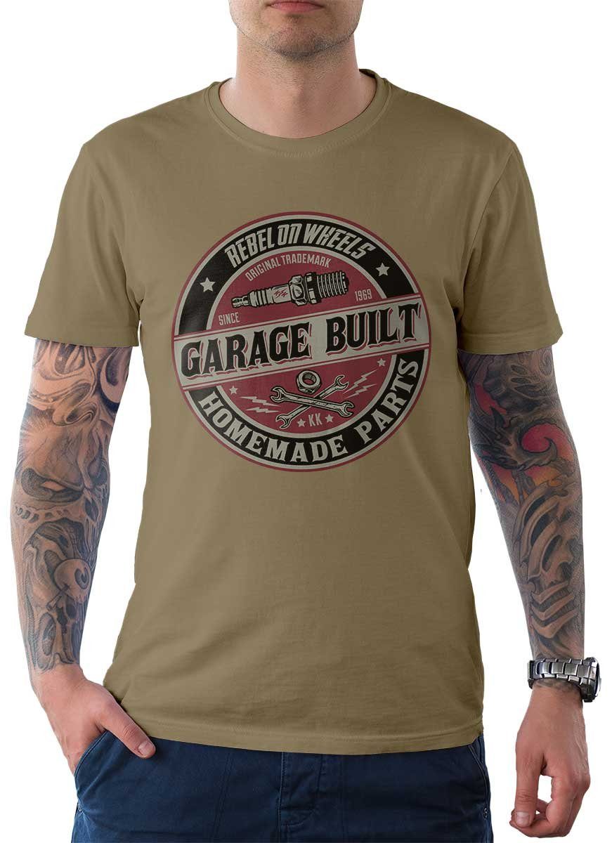 Rebel On Wheels T-Shirt Herren T-Shirt Tee Garage Built mit Auto / US-Car Motiv Khaki