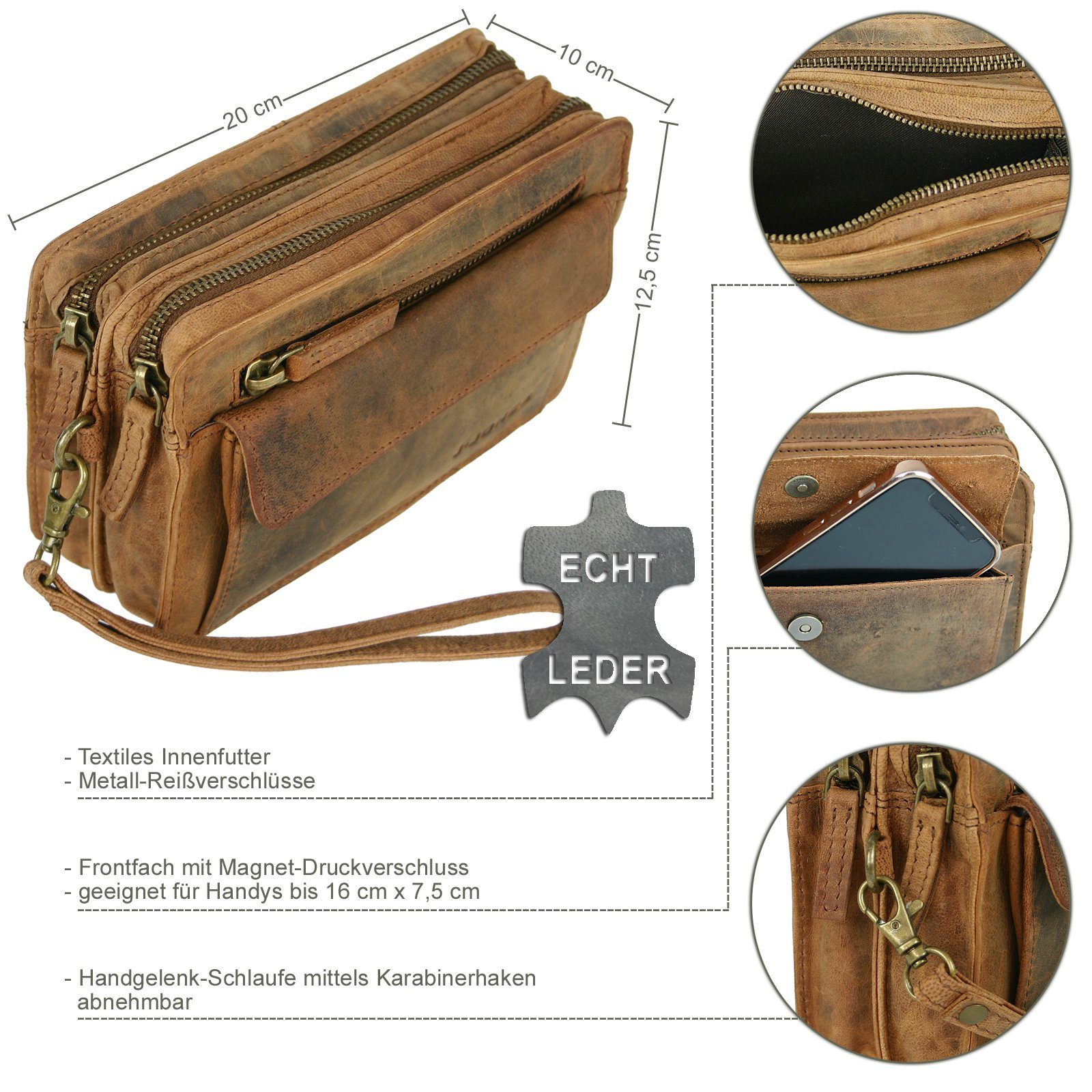 J JONES JENNIFER JONES Handgelenktasche - Herren Leder Handtasche Handgelenkschlaufe - Vintage Look, 20 x 12,5 x 10 cm