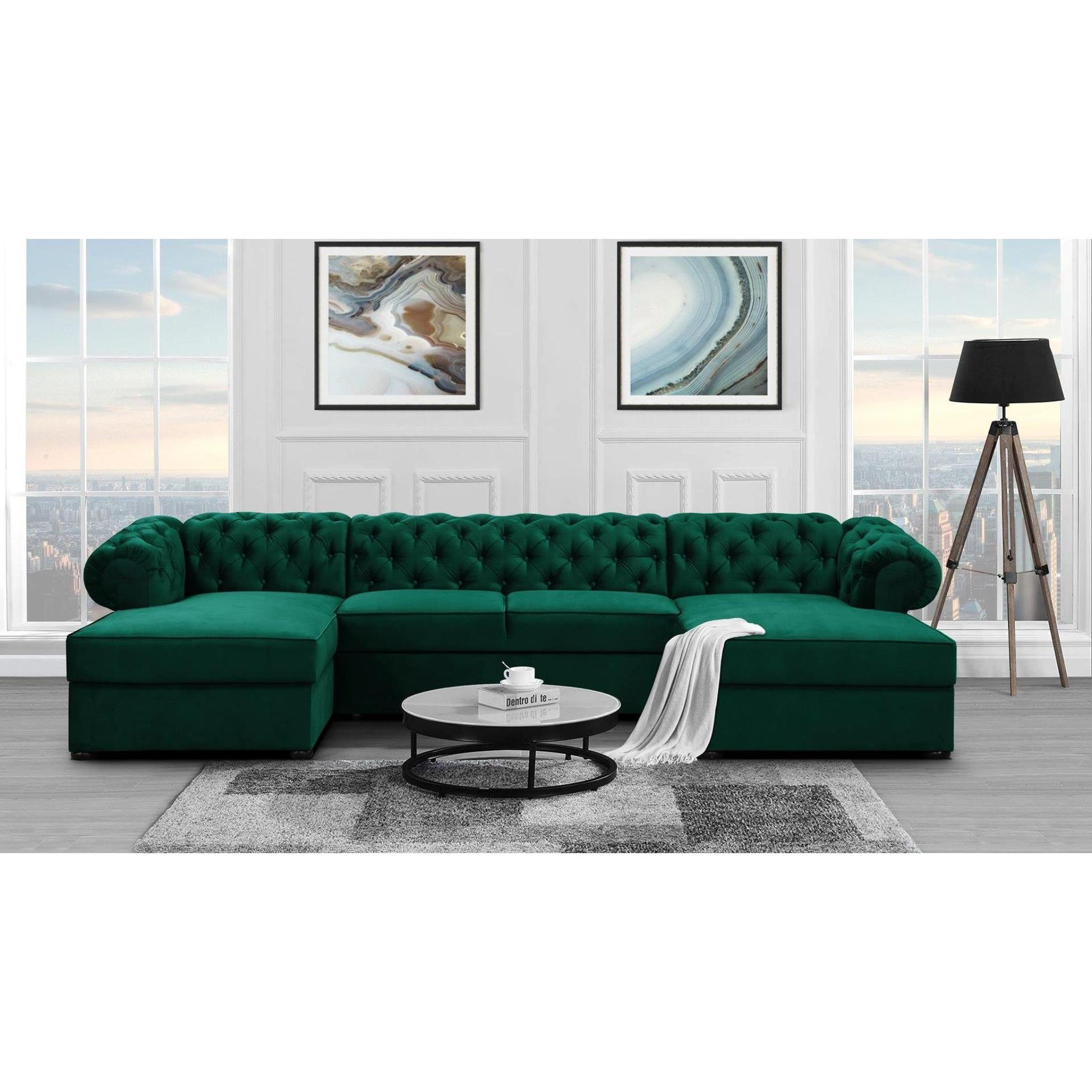 Beautysofa Ecksofa Chester, U-Form Ecksofa Schlaffunktion und Bettkasten, Chesterfield Stil Flasches Grün (kronos 19)