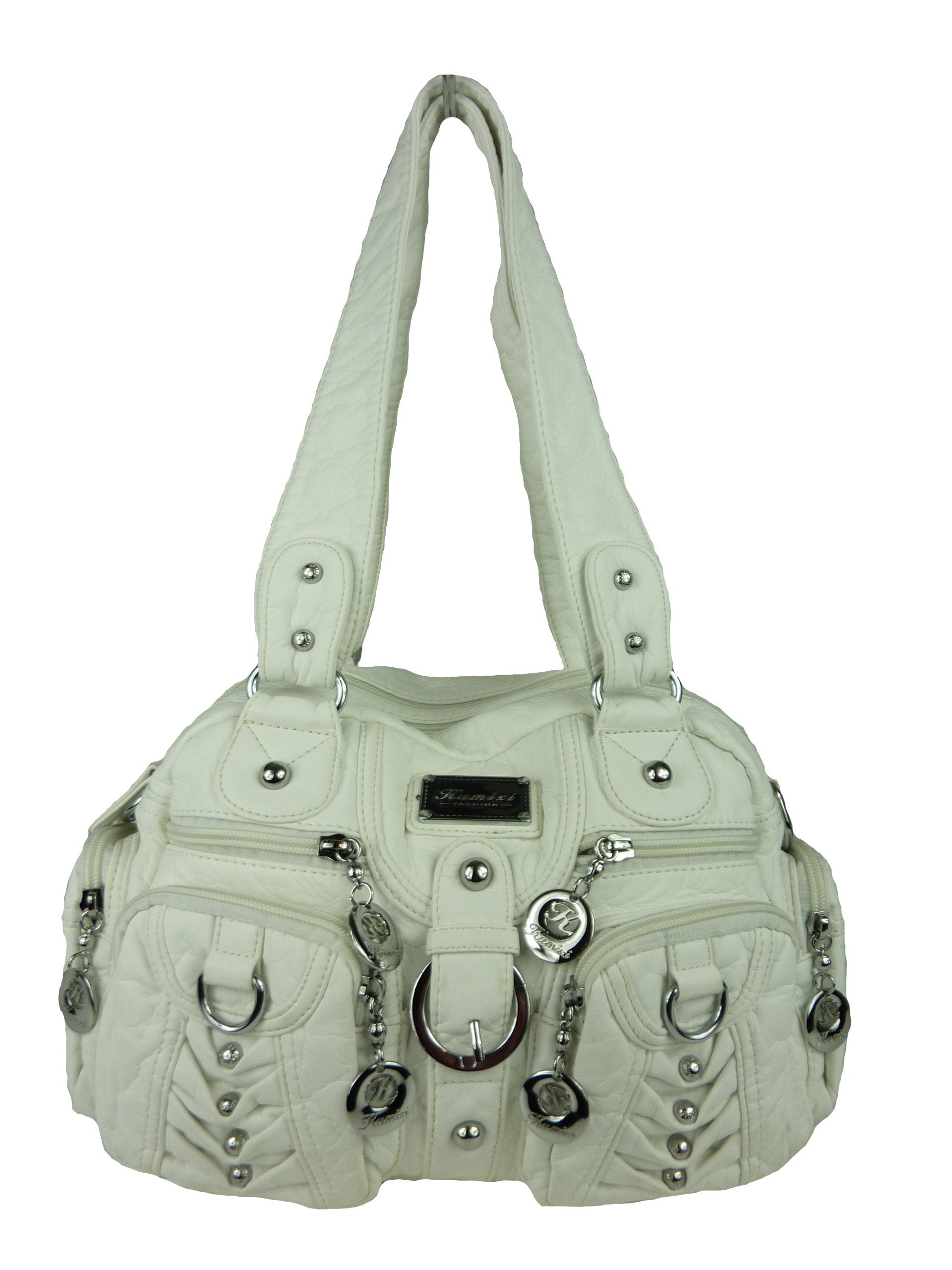 Nieten verstellbarer Handtasche Taschen4life (Schultertasche) weiß klassische viele Fächer, Schultertasche AKW22032, mit Damen abnehmbarer Schulterriemen