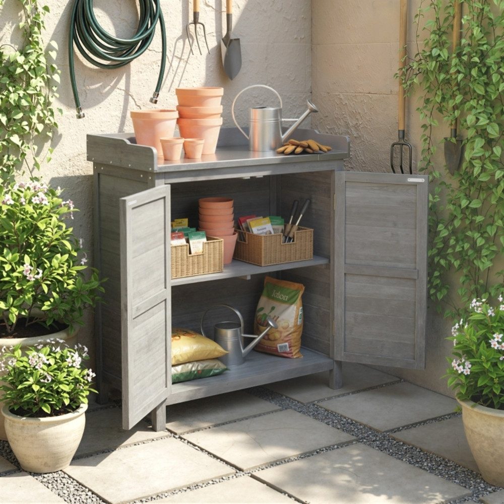 CHICFURN Geräteschrank 83x40x92 cm aus Holz mit Pflanztisch & Unterschrank (Packung, 1-St., Geräteschrank mit 2 Einlegeböden in Natur) Praktischer Geräteschuppen für Gartenutensilien